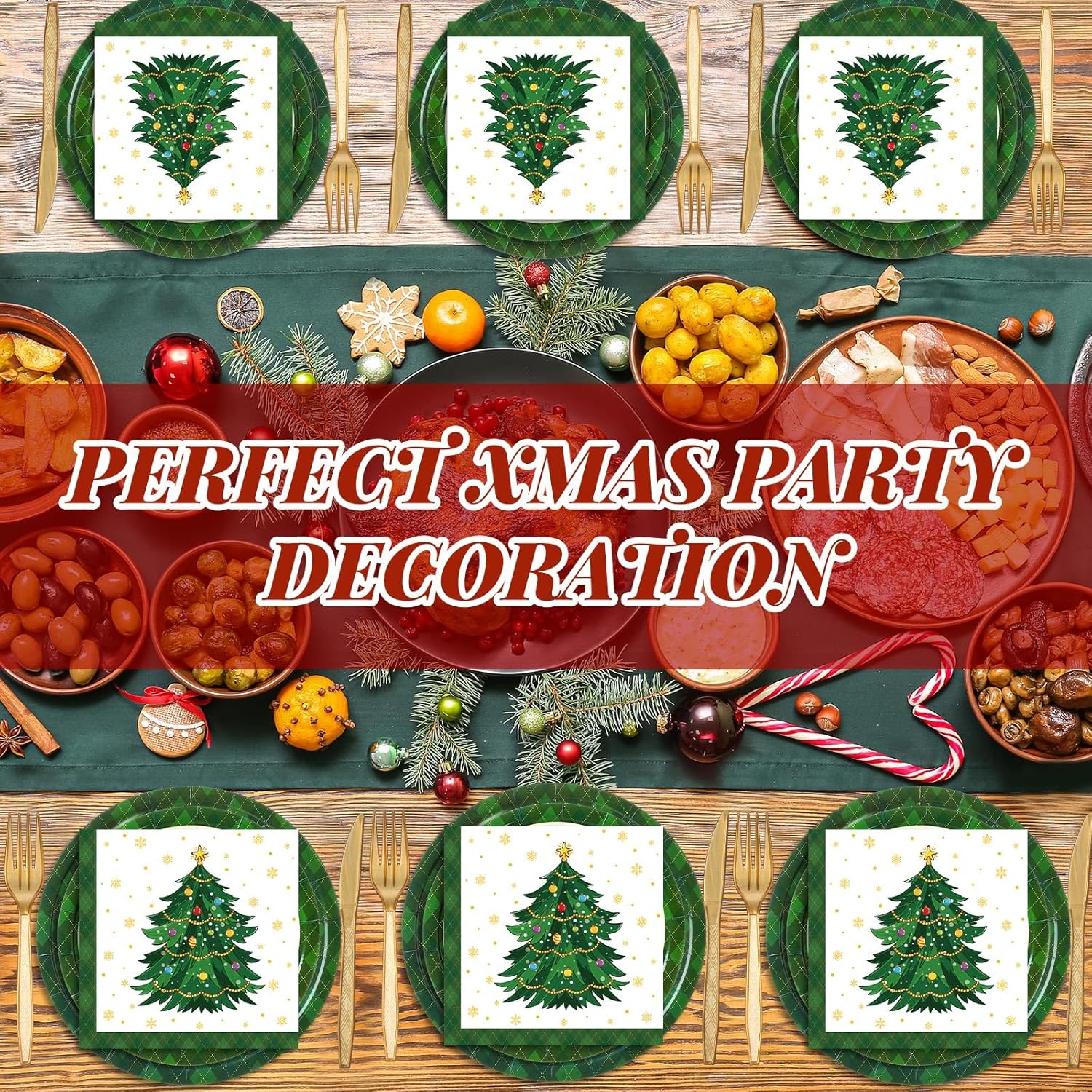 Nitial 240 Pcs Paper Plates and Napkins Serve 30 Guests Christmas Party Supplies Disposable Xmas Tableware Set Plates Napkins Cups with Knife Fork Spoon(Green,Christmas Tree Style)