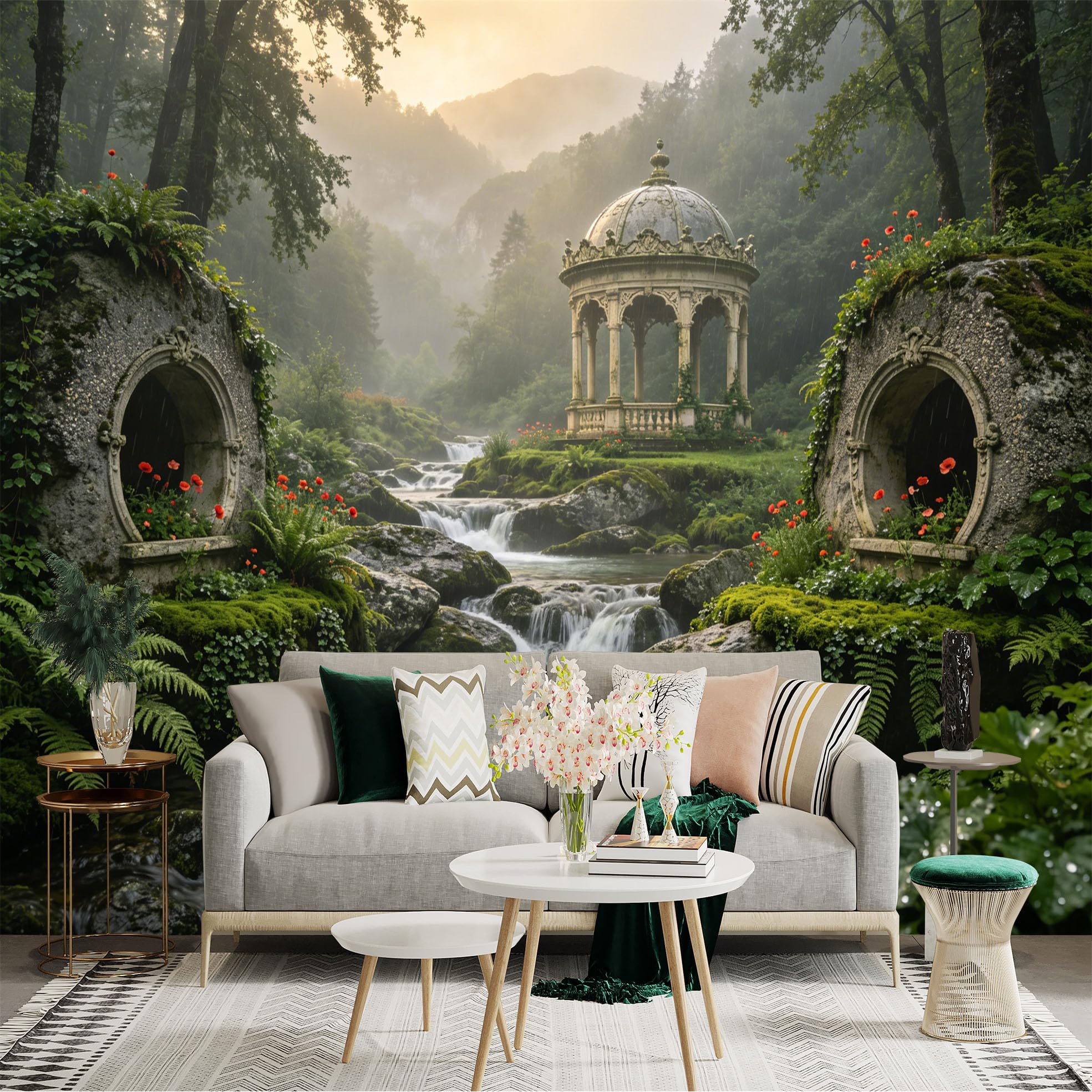 Custom Size Wall Sticker Mural， Enchanted Garden with Waterfall， Mossy Rocks and Stone Pavilion， for wall Decoration， peelandstick wall Decals.