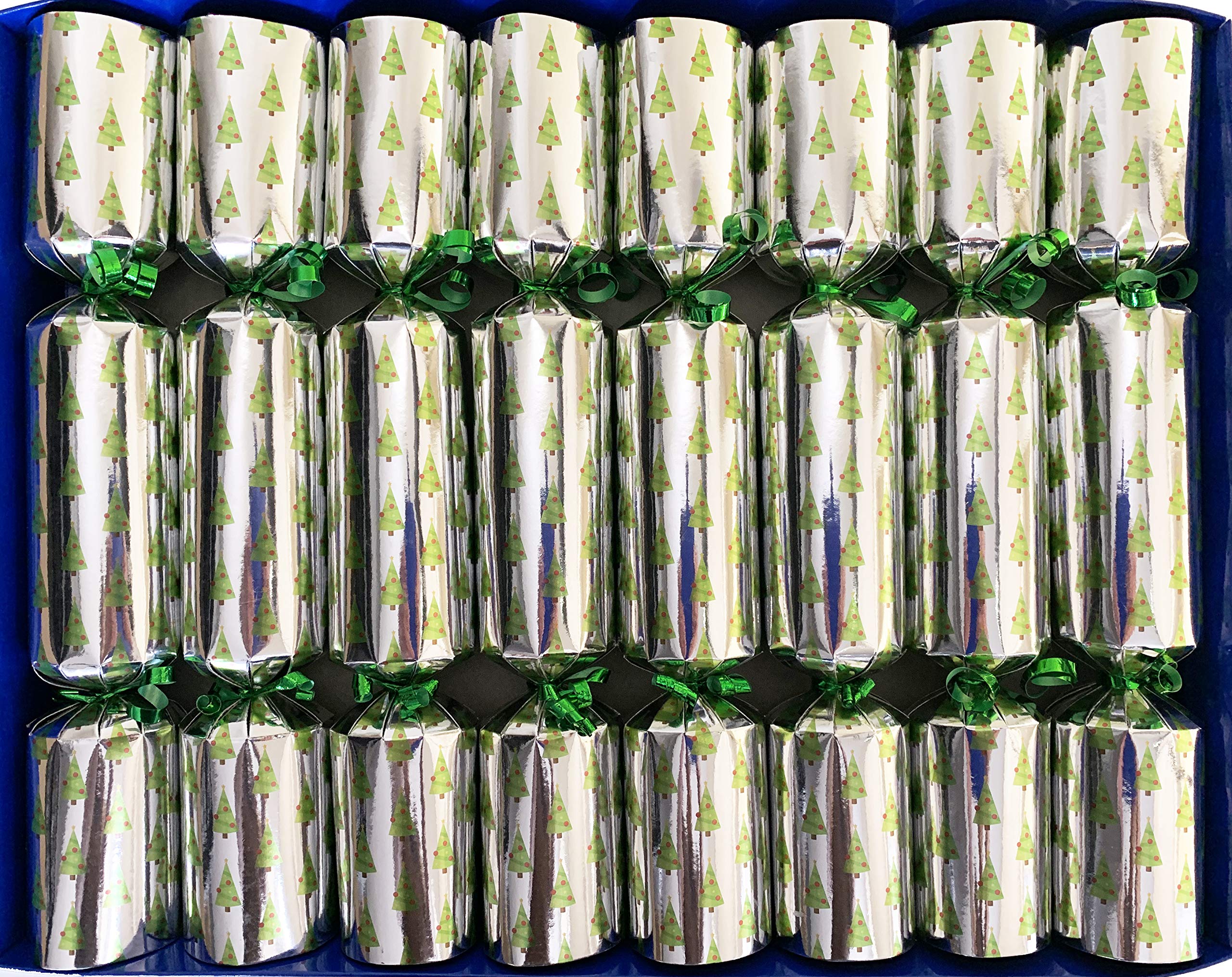 Crackers LtdSet of of 8 Family Fun Finger Puppet Christmas Crackers - Christmas Trees Design on silver with green trims