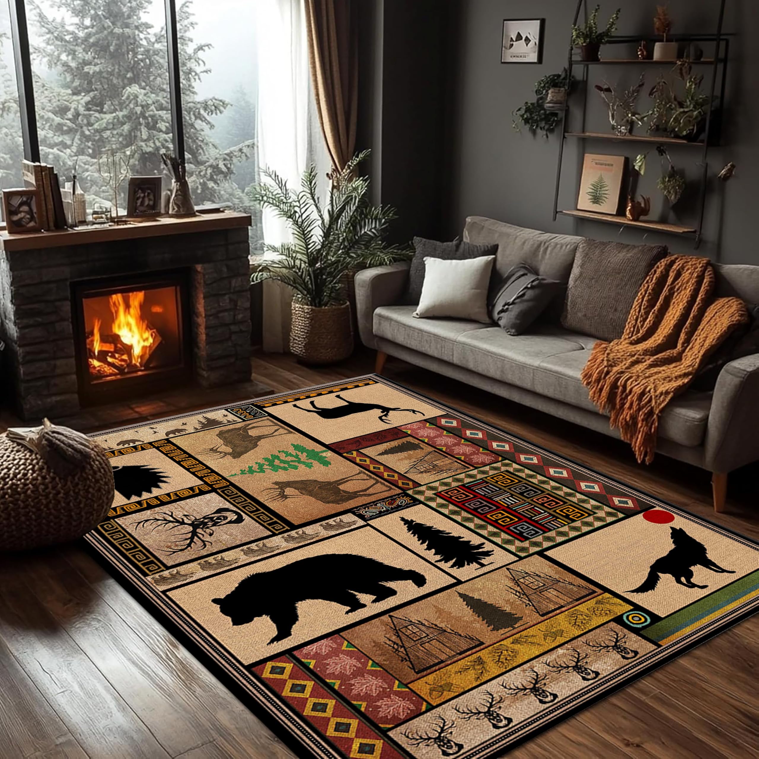 PDENZG Country Area Rug for Living Room,140x200cm,Western Washable Animal Print Western Farmhouse Carpet,Cabin Bear Moose Wolf Brown Rustic Area Rugs,for Bedroom Dining Room Splicing Print Mat — image 1