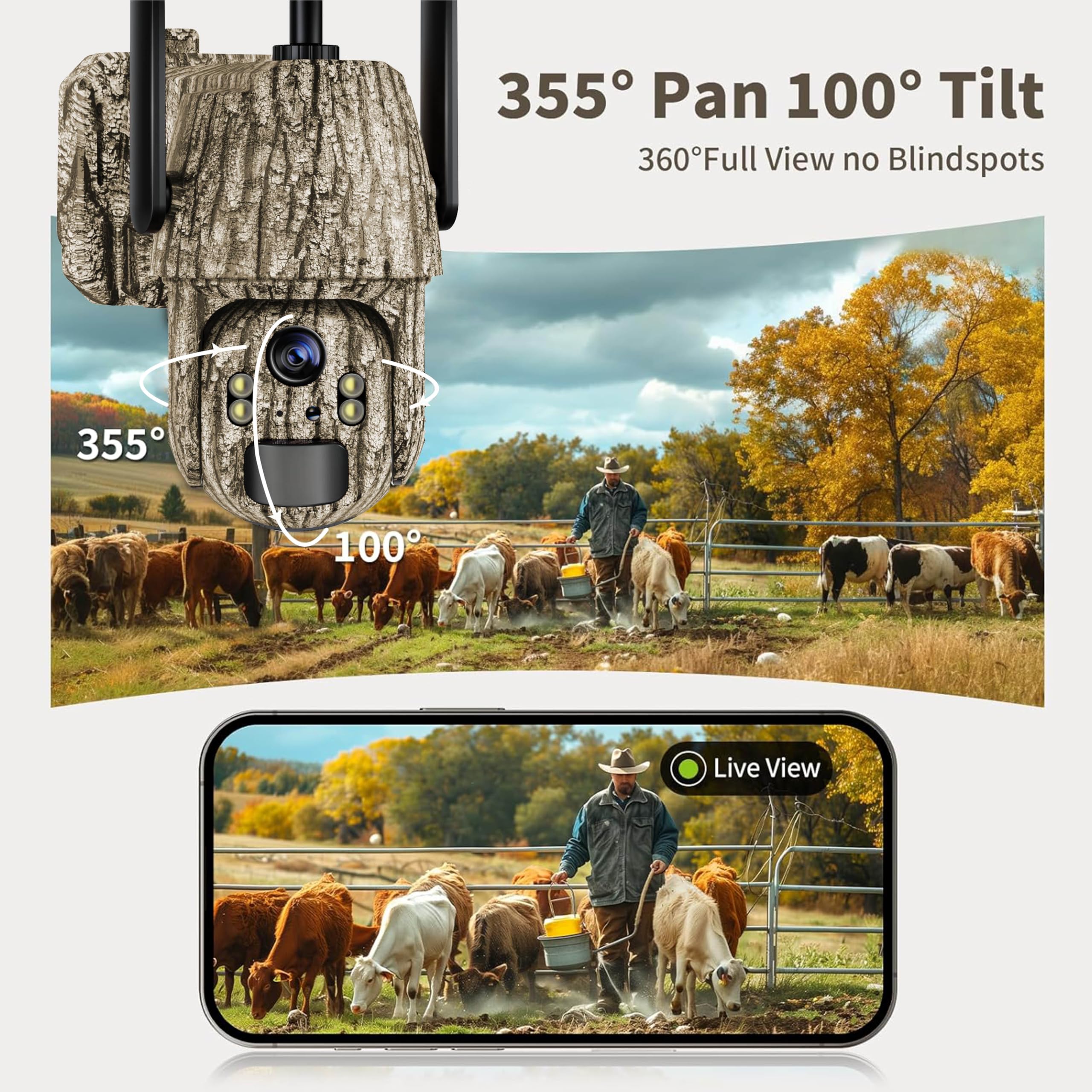 Cámara de Vigilancia Exterior Solar 4G LTE, 4K Visión Nocturna en Color, PTZ 360°, Detección de Movimiento, Audio Bidireccional, IP66 Impermeable, Sin WiFi con Tarjeta SIM