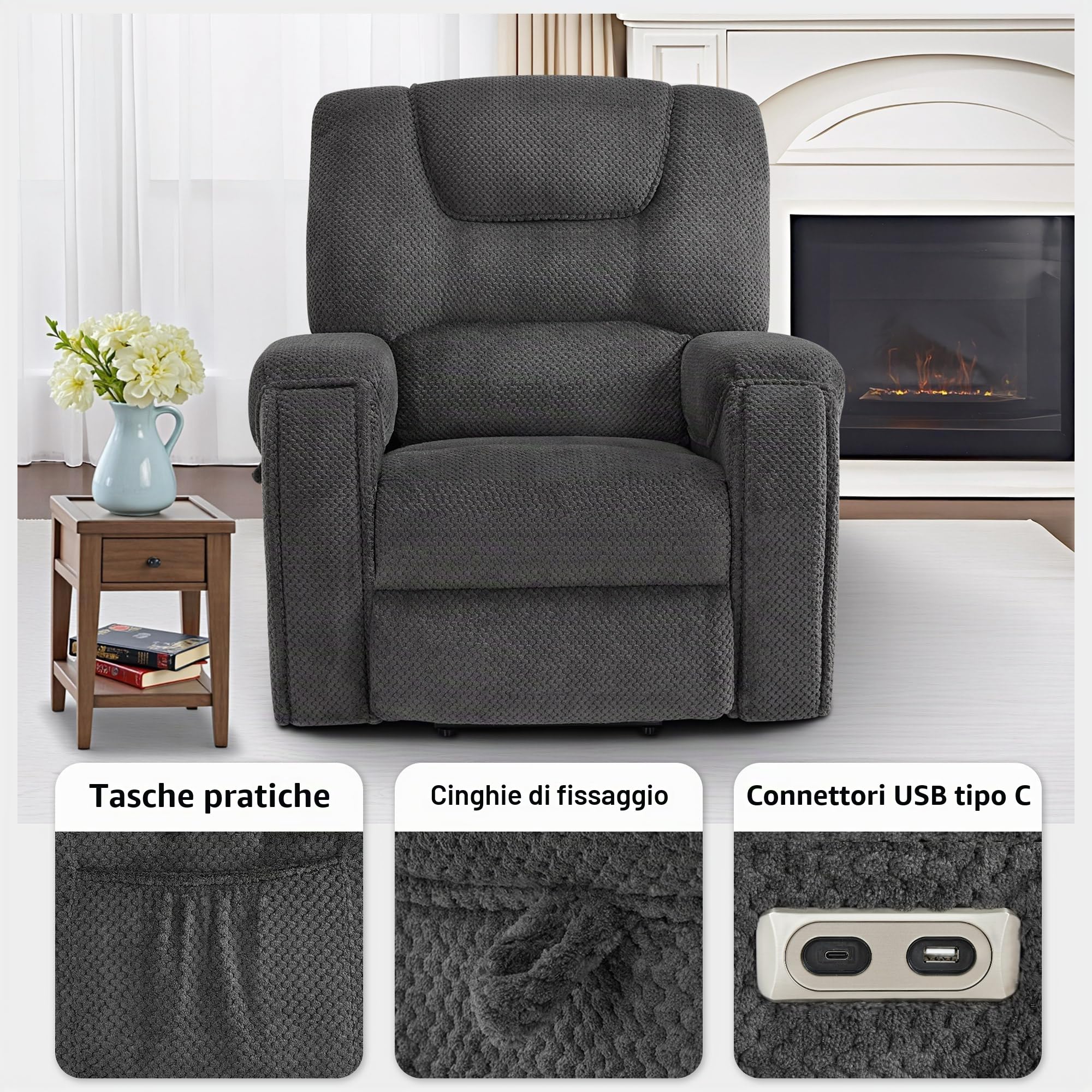 MCombo M Poltrona TV con funzione alzapersona elettrica, con massaggio e riscaldamento, poltrona relax con funzione reclinabile fino a 145°, portabevande nascosti 7252 (Tessuto, Grigio scuro)