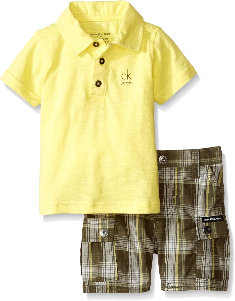 Calvin Klein Polo de punto negro para bebés y pantalones cortos a cuadros teñidos en hilo