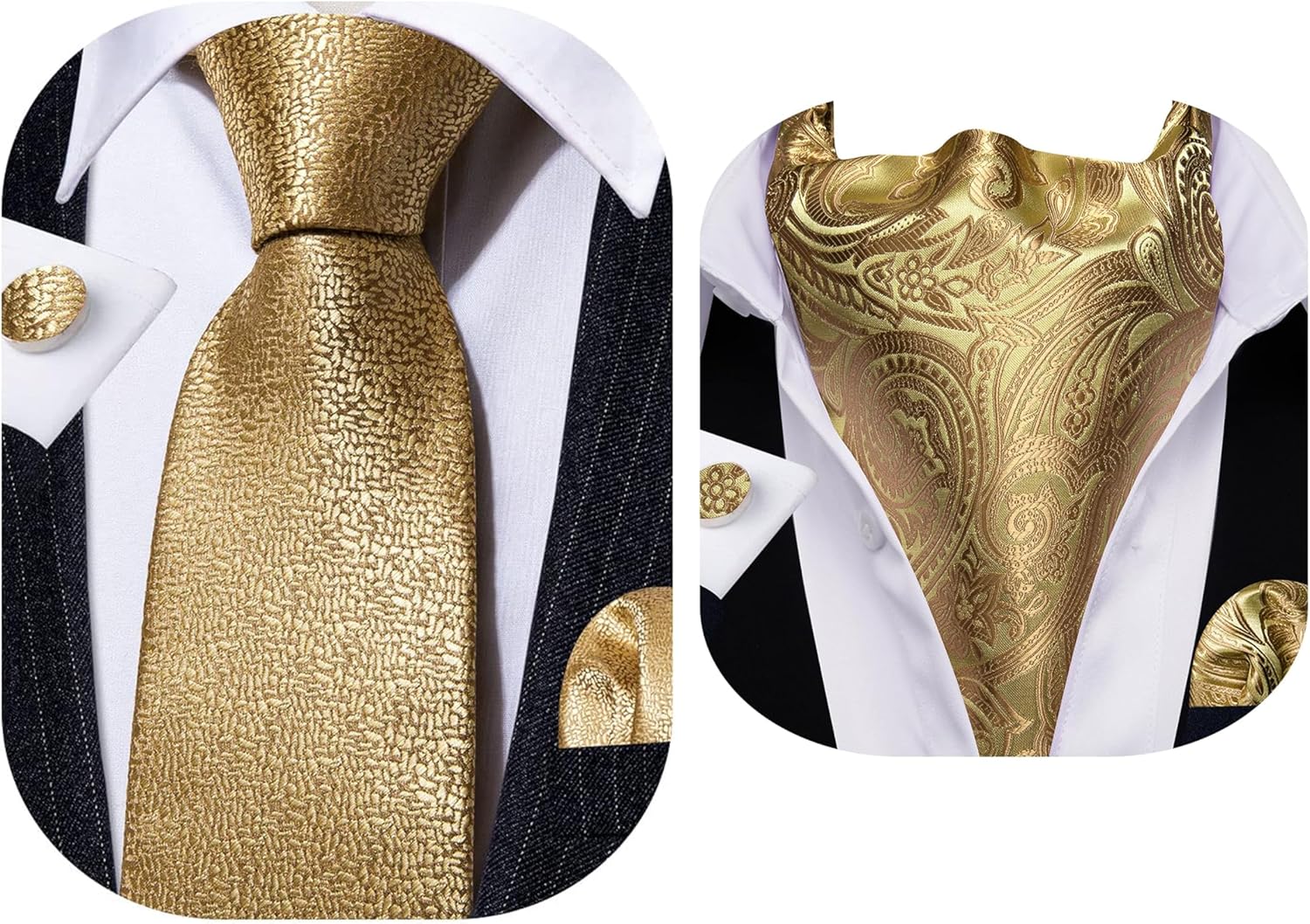 Barry.Wang Gold Ascot Cravat Tie Set for Men with Pocket Square Cufflink Silk Flower Necktie