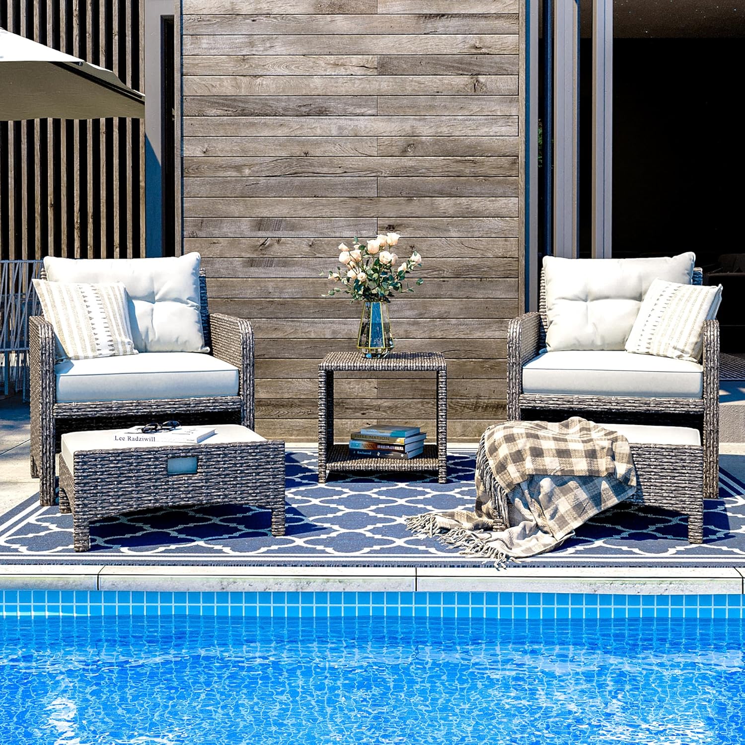 Pamapic Outdoor Furniture 5 Piece Patio Conversation Set, Wicker Rattan Patio Set with Soft Cushions & Coffee Table, Balcony Furniturefor with 2 Ottoman for Porch, Garden, Lawn (Grey)