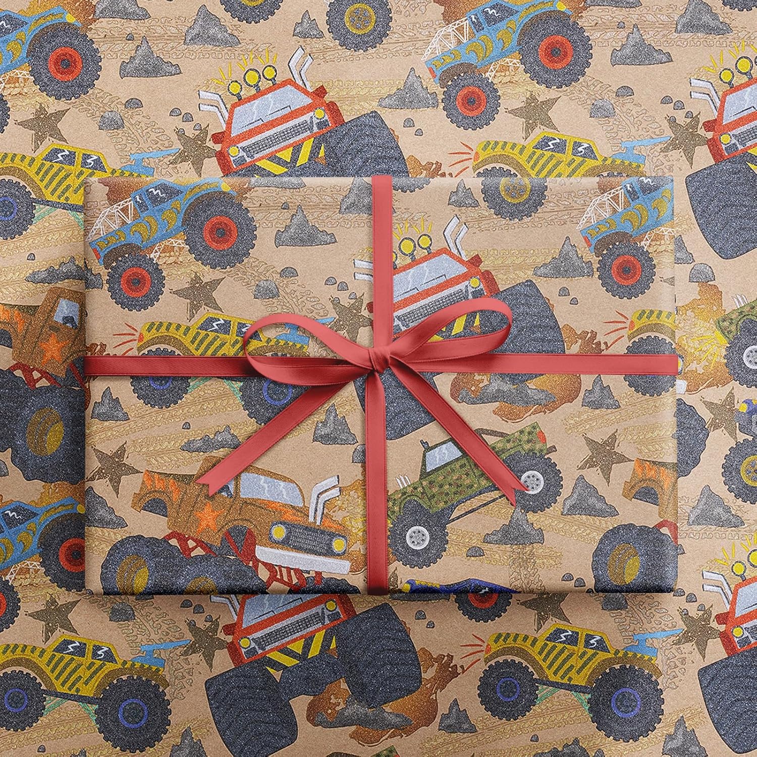 RUSPEPA 30" X 32.8' Truck Wrapping Paper Large Kraft Paper Roll, Jumbo Roll, Monster Truck Birthday Kraft Gift Wrap for Kids Boys Birthday, Themed Party and Celebration, 82 sq. ft