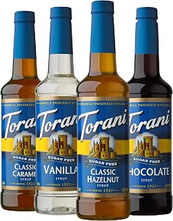 Torani Sugar Free Syrup Variety Pack - Vanilla, Hazelnut, Caramel, Chocolate | Keto Friendly, Zero Calorie, 33.8oz Bottles (4 Pack)