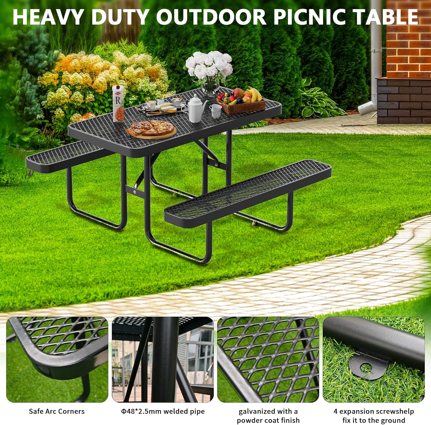 4FT Metal Picnic Table with Benches, Rectangular Lifetime Picnic Table with Umbrella Hole, Outdoor Furniture Heavy Duty Sturdy Commercial Picnic Tables for Patio Garden Courtyard BBQ Shopping Centers