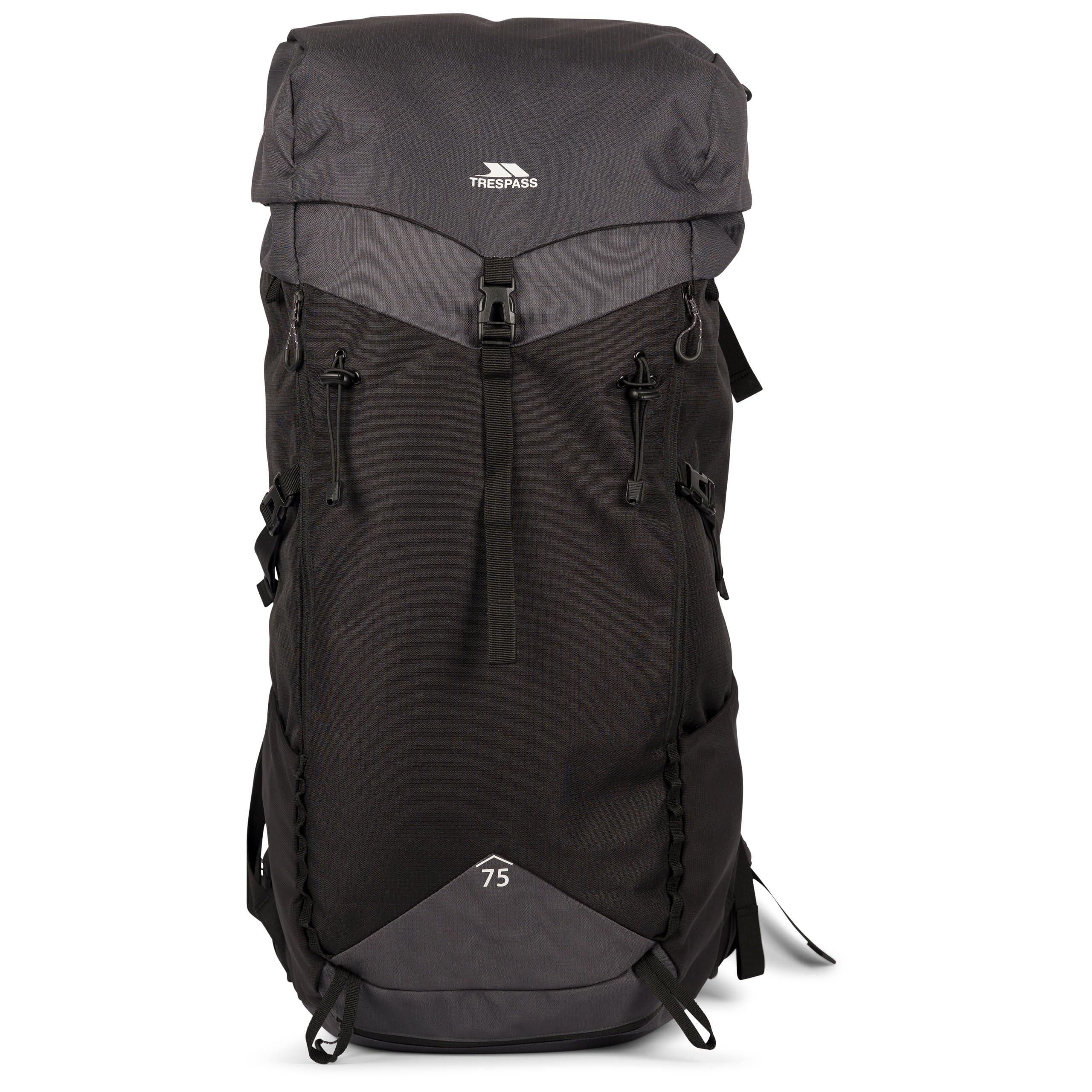 Trespass 75L Hiking Backpack Pass 75 - Drawcord Main Compartment, Adjustable Back System, Walking Pole System, Hydration Pack System, Waterproof Fabric Raincover 5000mm, Padded Shoulder Straps