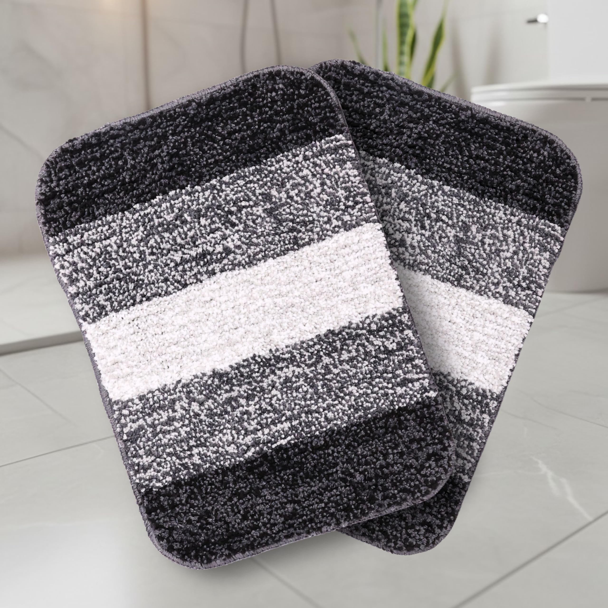SARAL HOME EASY LIVING Microfiber Striped Rectangle Shaped Anti-Skid Bath Mats | Soft & Super Absorbent Mats for Shower | Washable, Non-Slip & Quick-Drying Mats, 35x50 CM | Pack of 2 (Black)