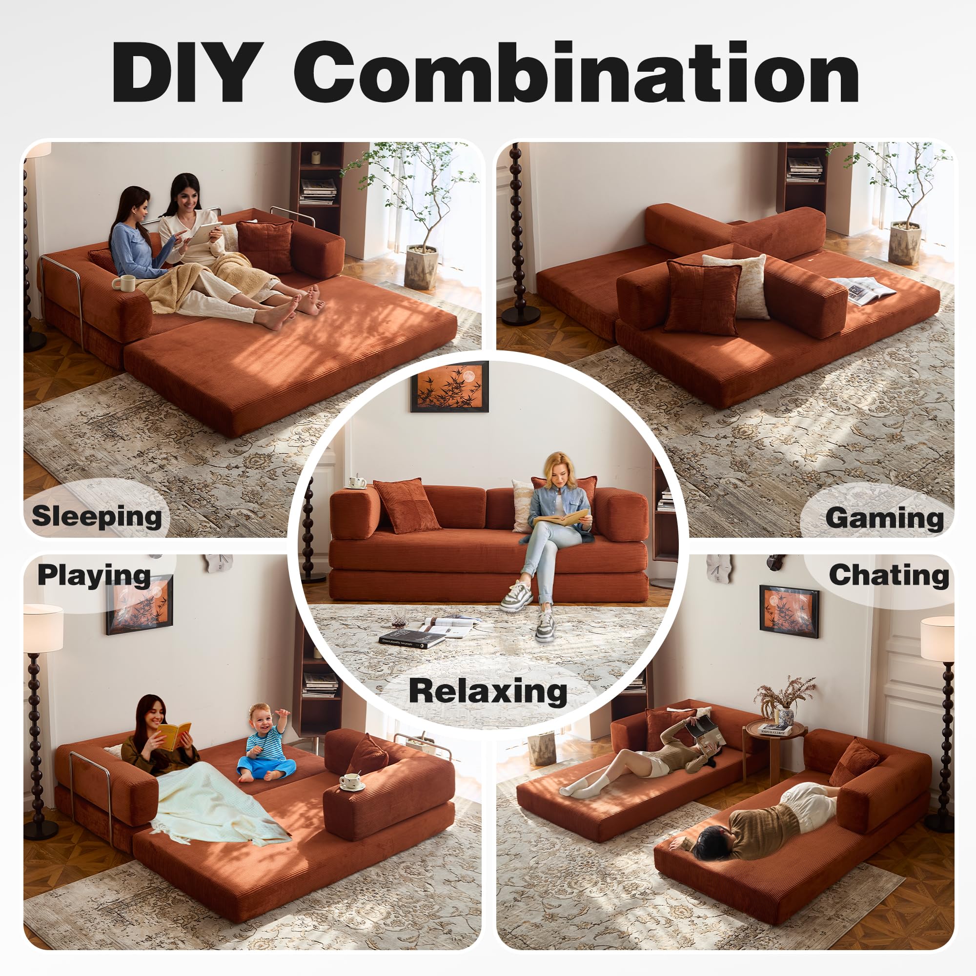78.8" Convertible Sofa Bed - Compression Sofa with Corduroy Fabric - with Armrests and Backrest - Modular Sectional for Living Room, Bedroom, Studio - Compression Sofa in Box (Grey): 98.4IN Orange