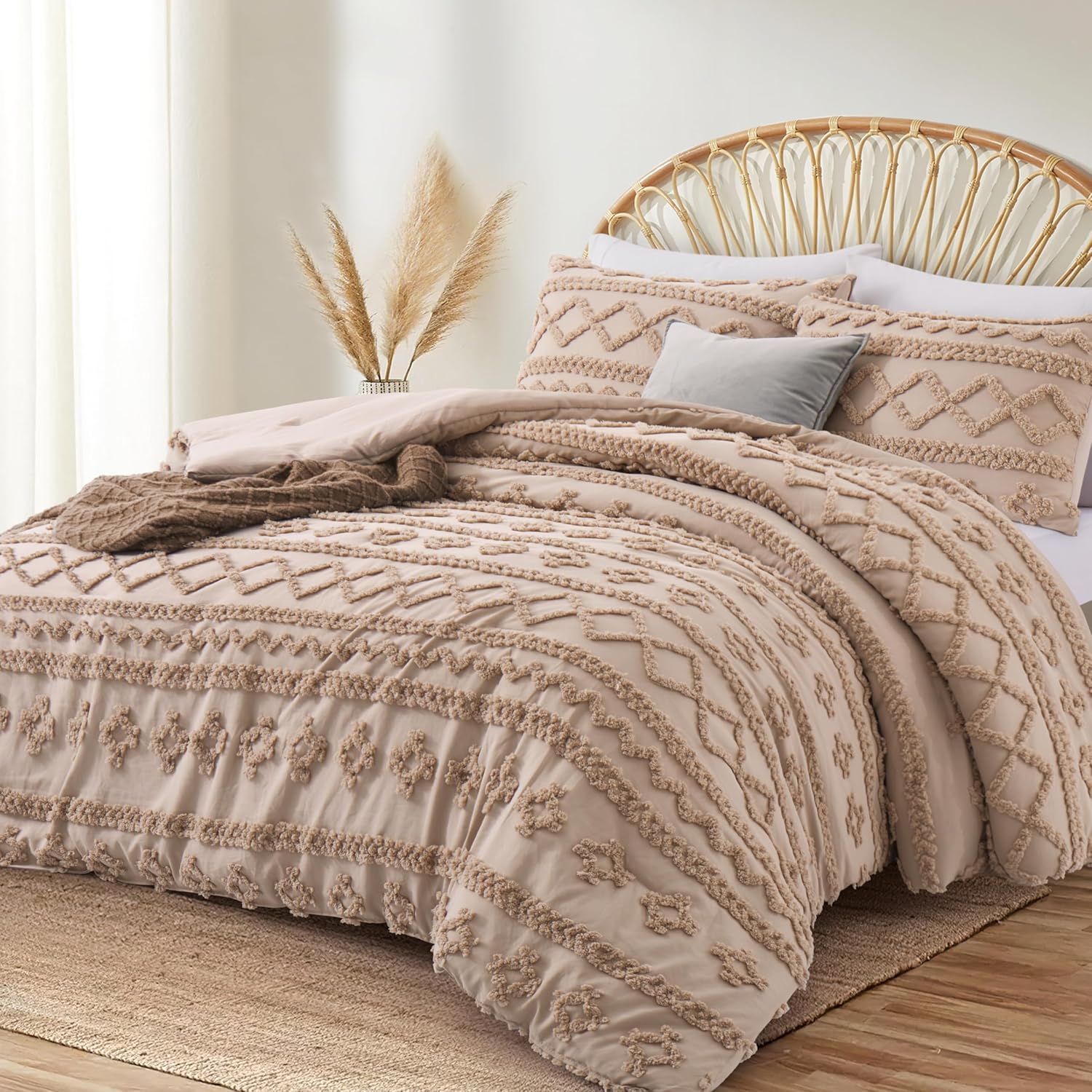 Oli Anderson Khaki King Comforter Set Tufted Bedding Set King 3 Pieces, Boho Shabby Chic Comforter with 2 Pillowcases (Khaki,King) - Image 2