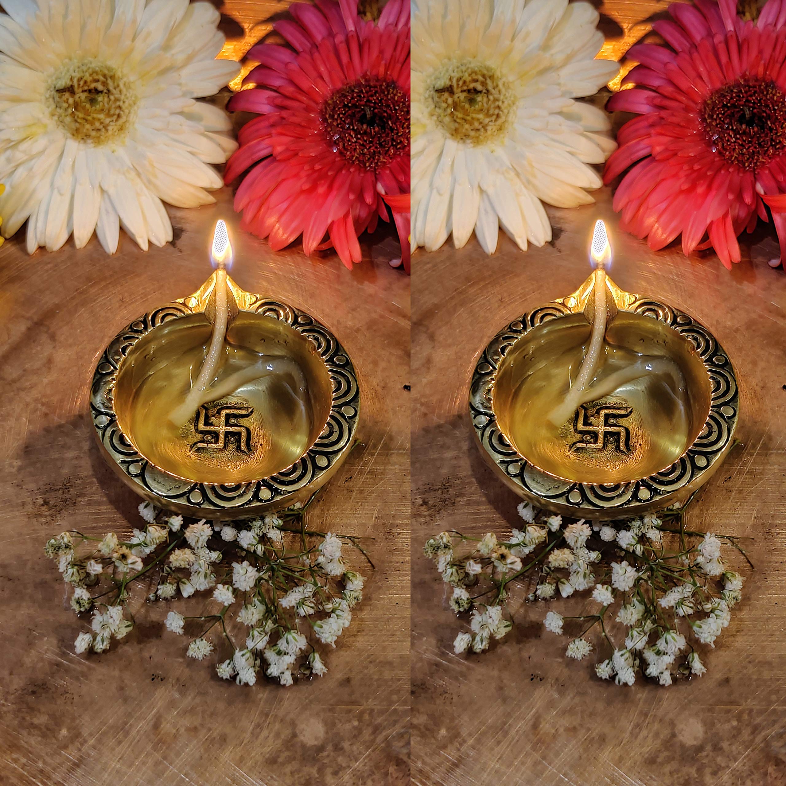 Divya Mantra Swastik Laxmi Brass Diya Indian Diwali Oil Lamp Pooja Light Puja Decorations Mandir Decoration Items Handmade Table Home Backdrop Decor Lamps Made in India Decorative Diyas - Gold (10) - Image 7 thumbnail