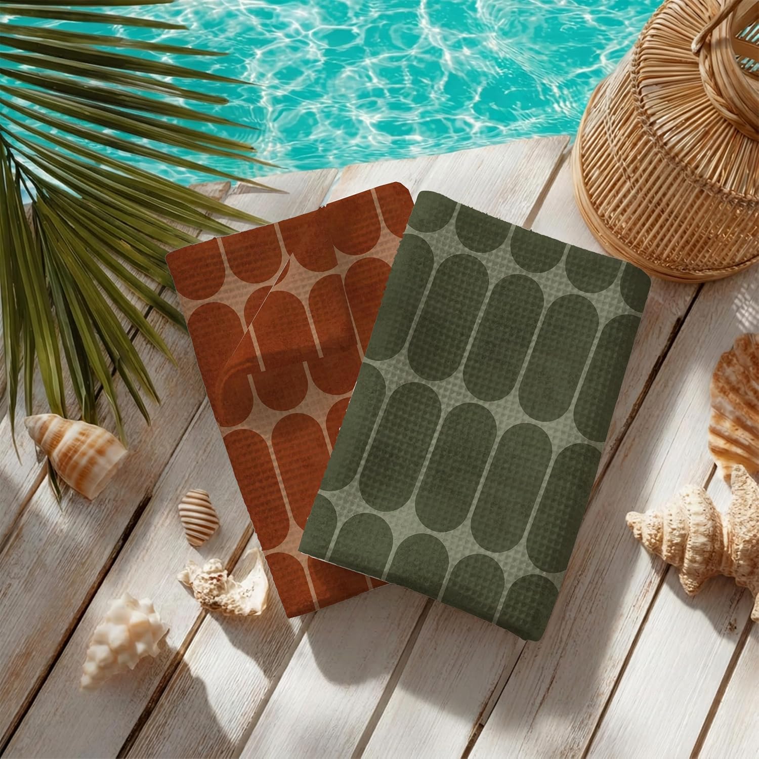 Abstract Terracotta and Sage Green Arch Kitchen Towels Dishcloth, Boho Mid Century Modern Decorative Hand Towels for Bathroom, Retro Art Deco Drying Dish Towel 16x24 inch Set of 2