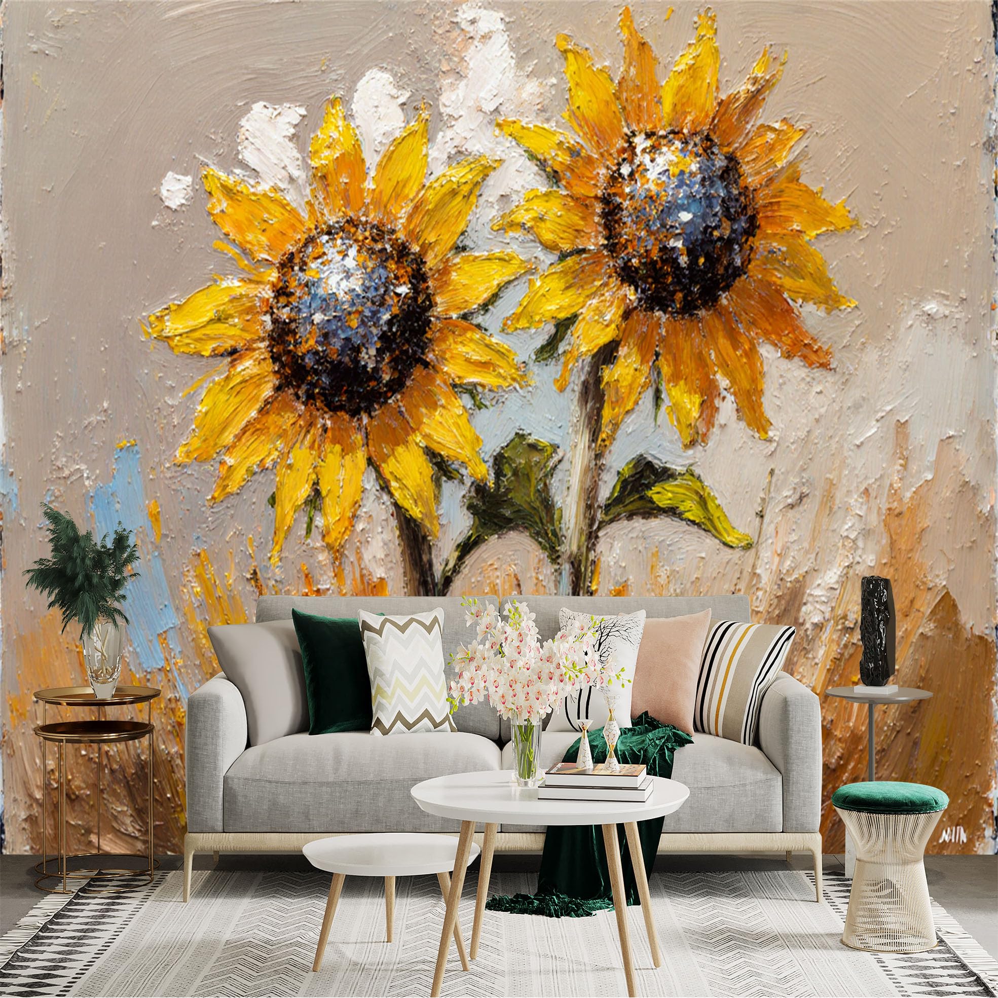 Custom Size Wall Sticker Mural， Textured Impasto Oil Painting， Yellow Sunflowers， Rustic Floral Art， for wall Decoration， peelandstick wall Decals.