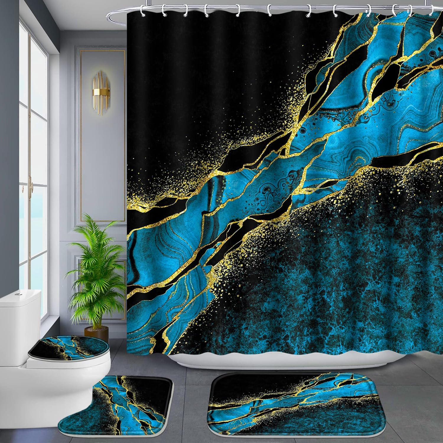 Poedist 4 Pcs Gold Edge Marble Bathroom Shower Curtain Set, Bathroom Sets with Shower Curtain and Rugs(Bath Mat,U Shape and Toilet Lid Cover Mat) and 12 Hooks-Sky Blue