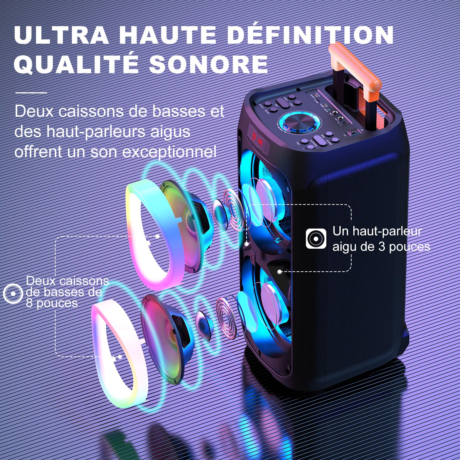 HWWR Machine Karaoke Adultes 2 Micro sans Fil, Puissance Max 500W Enceinte Bluetooth 5.3 Puissante avec Subwoofer 8", Système PA avec Lumières DJ, Idéal pour Les Fêtes en Plein Air