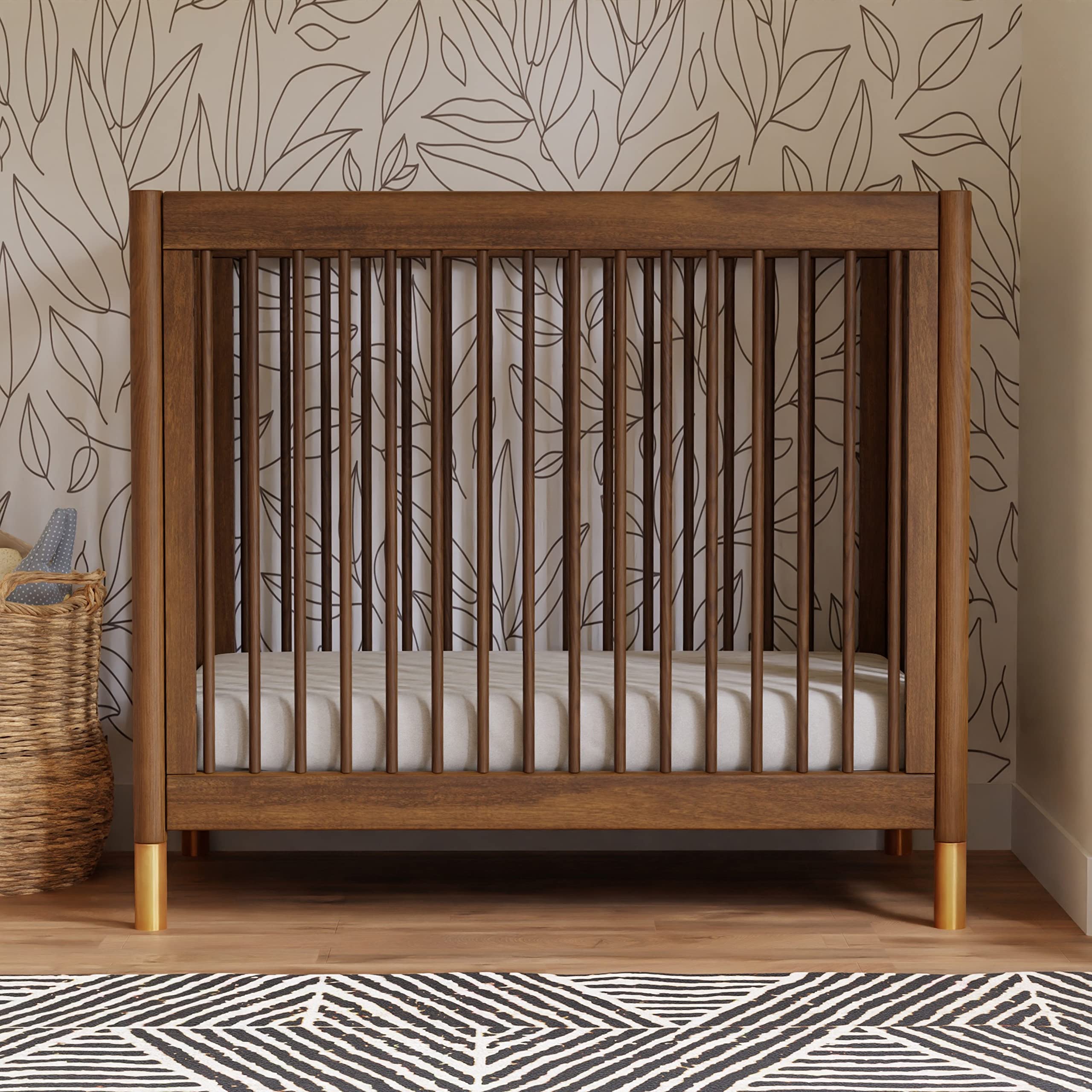 Babyletto Gelato 4-in-1 Convertible Mini Crib in Natural Walnut and Brushed Gold Feet, Greenguard Gold Certified