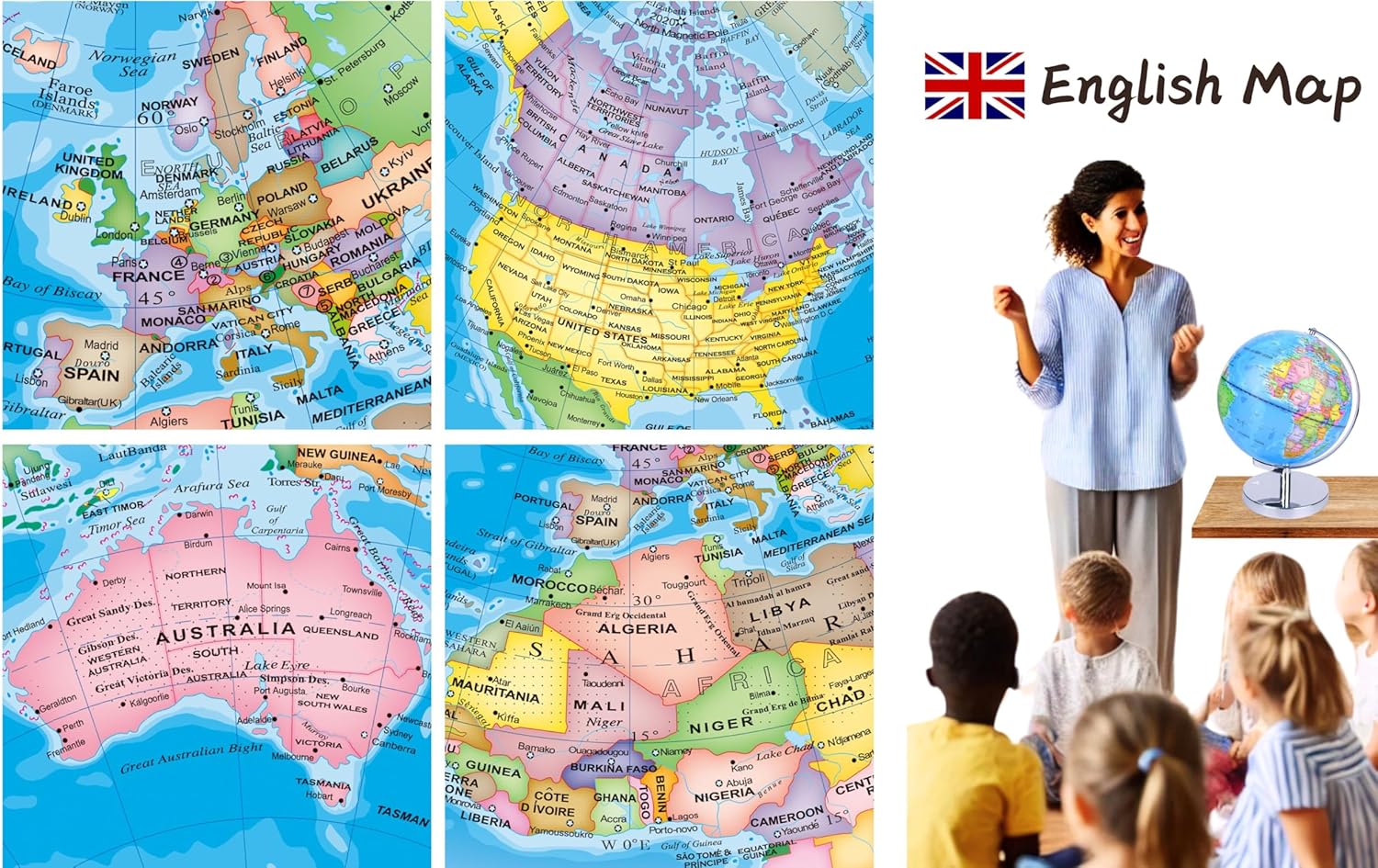 Exerz Illuminated World Globe 9.1-inch Diameter Metal Base - Political Map (Day) Constellation Globe (Night) - 2 in 1 Light up Cable Free LED lamp