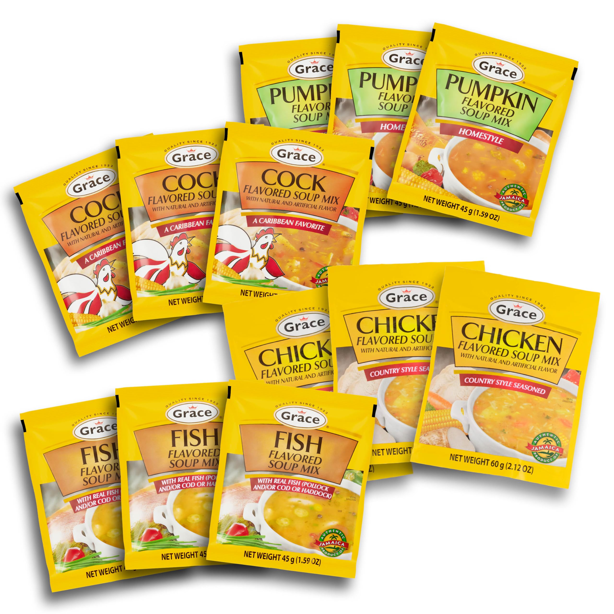 Grace Variety Pack of Flavored Soup 12 Pack - Chicken, Fish, Cock and Pumpkin, Jamaican Flavored Mixes