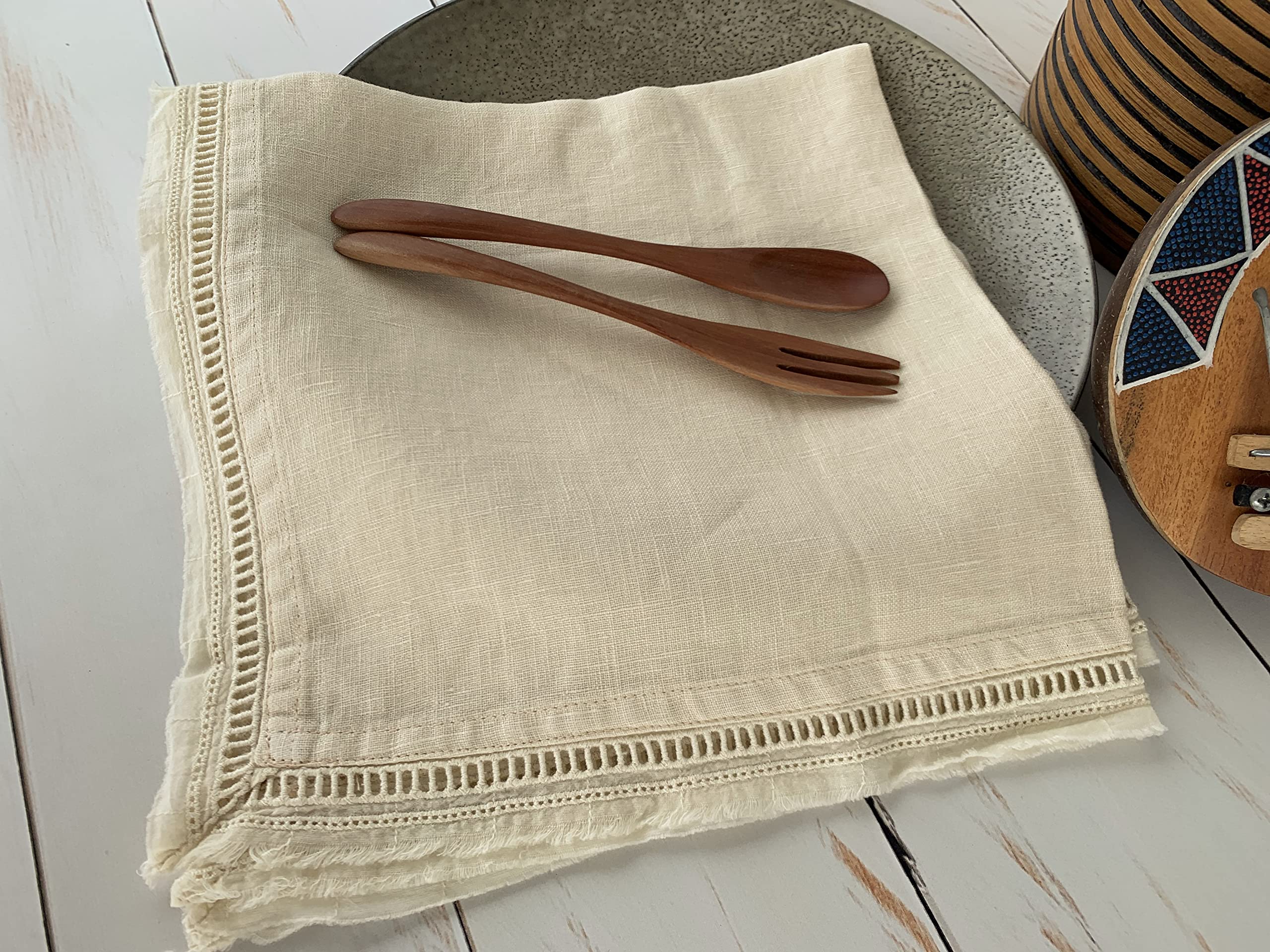 Eight Owls – Linen Napkins – Set of 4 – Hemstitch Fringe Border – 20 x 20 Inch – 100% French Flax – Pure Linen Cloth Dinner Napkins, Rustic Elegance - Raffia