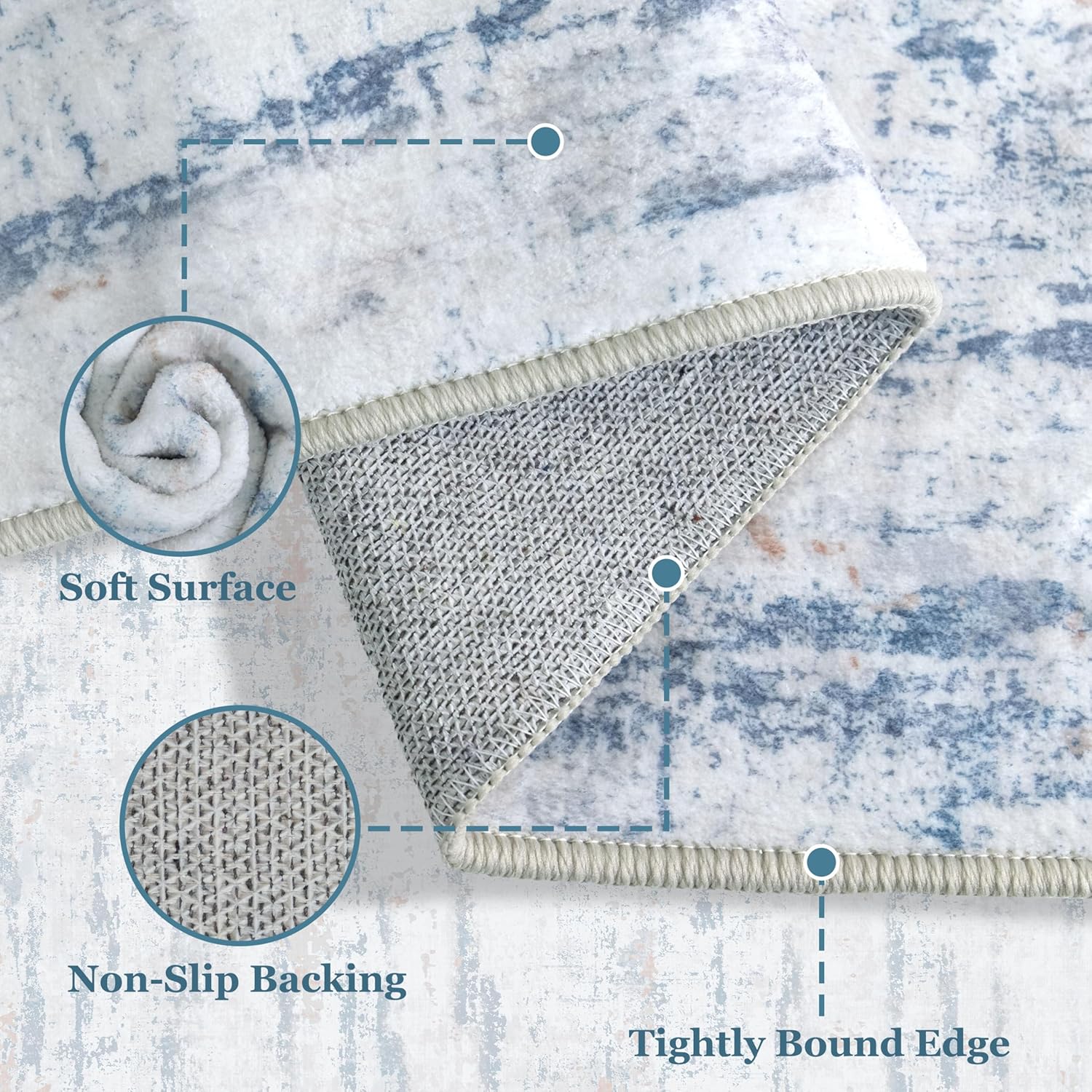 MUJOO 5x7 Washable Area Rug - Modern Abstract Non Slip Low Pile,Large Coastal Grey and Blue Rug for Living Room Bedroom Dining Room