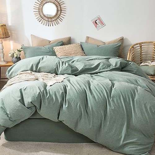 Miniatura 82 de MooMee - Juego de funda de edredón, 100% algodón lavado, textura parecida al lino, transpirable, duradero, suave y cómodo
