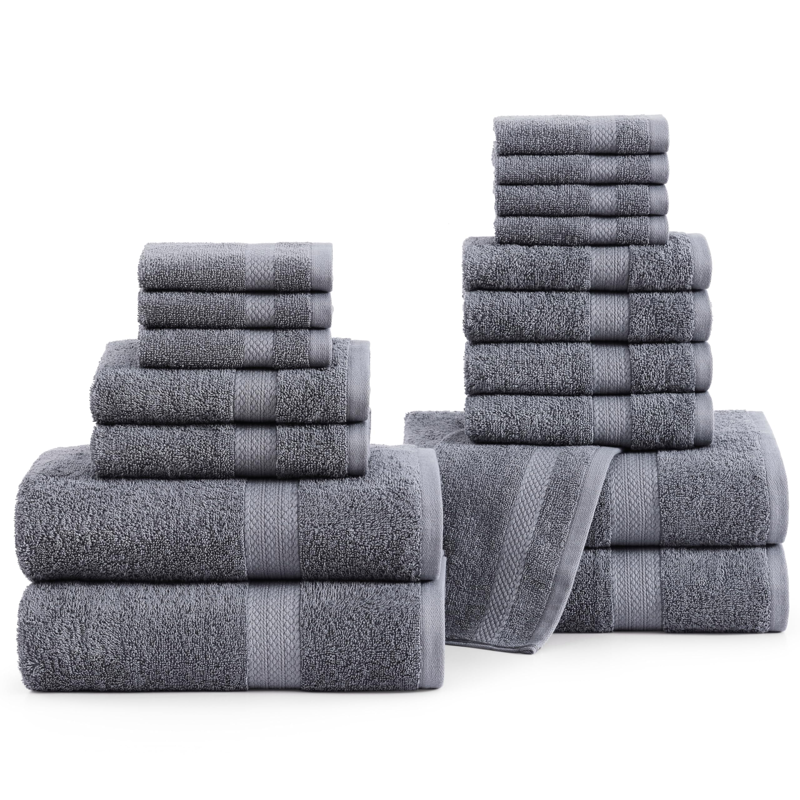 LANE LINEN Cotton Bath Towels for Bathroom - 18 PC Bathroom Towels Set - 4 Bathroom Towel Set, 6 Hand Towels for Bathroom, 8 Washcloths, Soft Turkish Towel Sets for Bathroom, Hotel Towels - Cool Grey