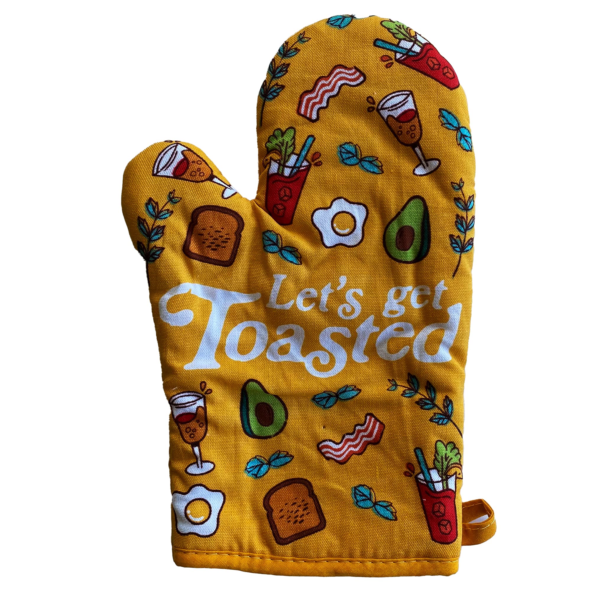 Let's Get Toasted Oven Mitt Funny Brunch Breakfast Bacon Avocado Toast Cute Kitchen Glove Funny Graphic Kitchenwear Drinking Funny Food Novelty Cookware Yellow Oven Mitt