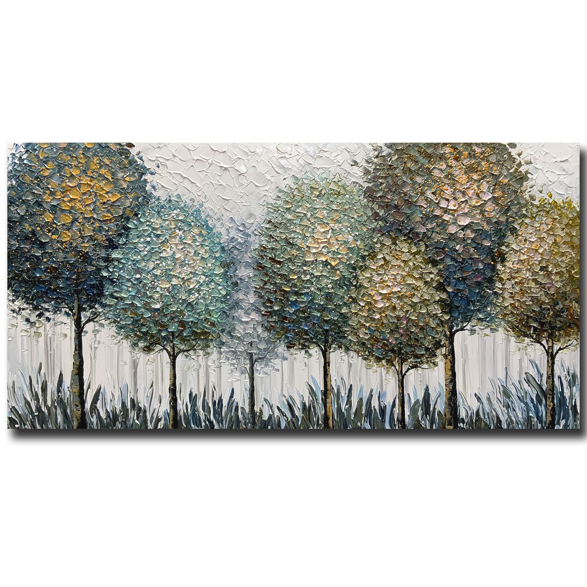 V-inspire Art,24x48 Inch Impressionist Hand Drawn Landscape Oil Paintings Abstract Textured Tree artwork Canvas Wall Art Painting Home Decorations Painting Ready to Hang