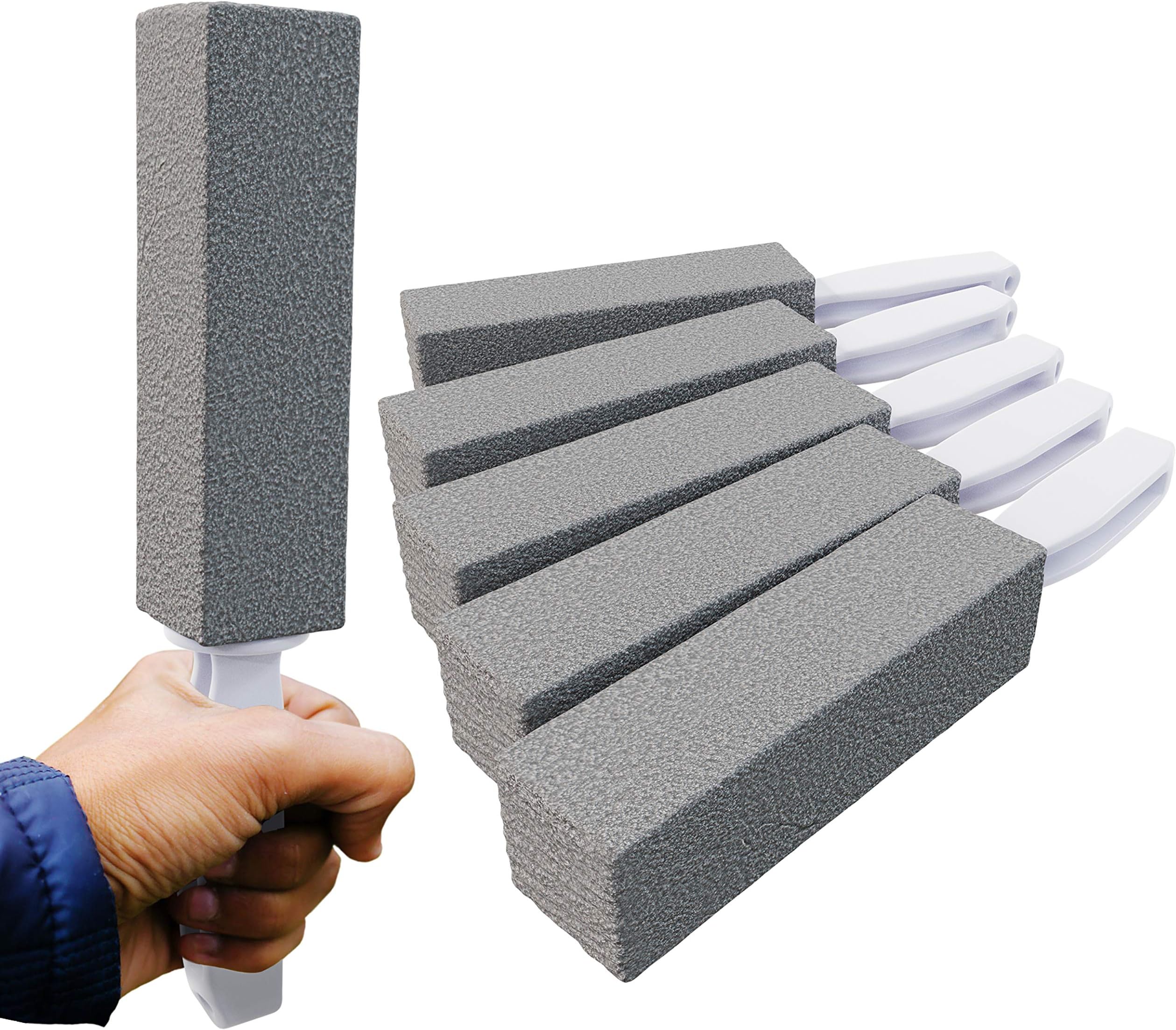 Non-Toxic, Chemical-Free Grey Pumice Scrubber 6 Pk with Handle. Perfect Reusable Cleaning Block for Kitchen, Cookware, Grills, BBQs and Bathrooms. Best Cleaner for Rust Stains, Carbon, or Calcium