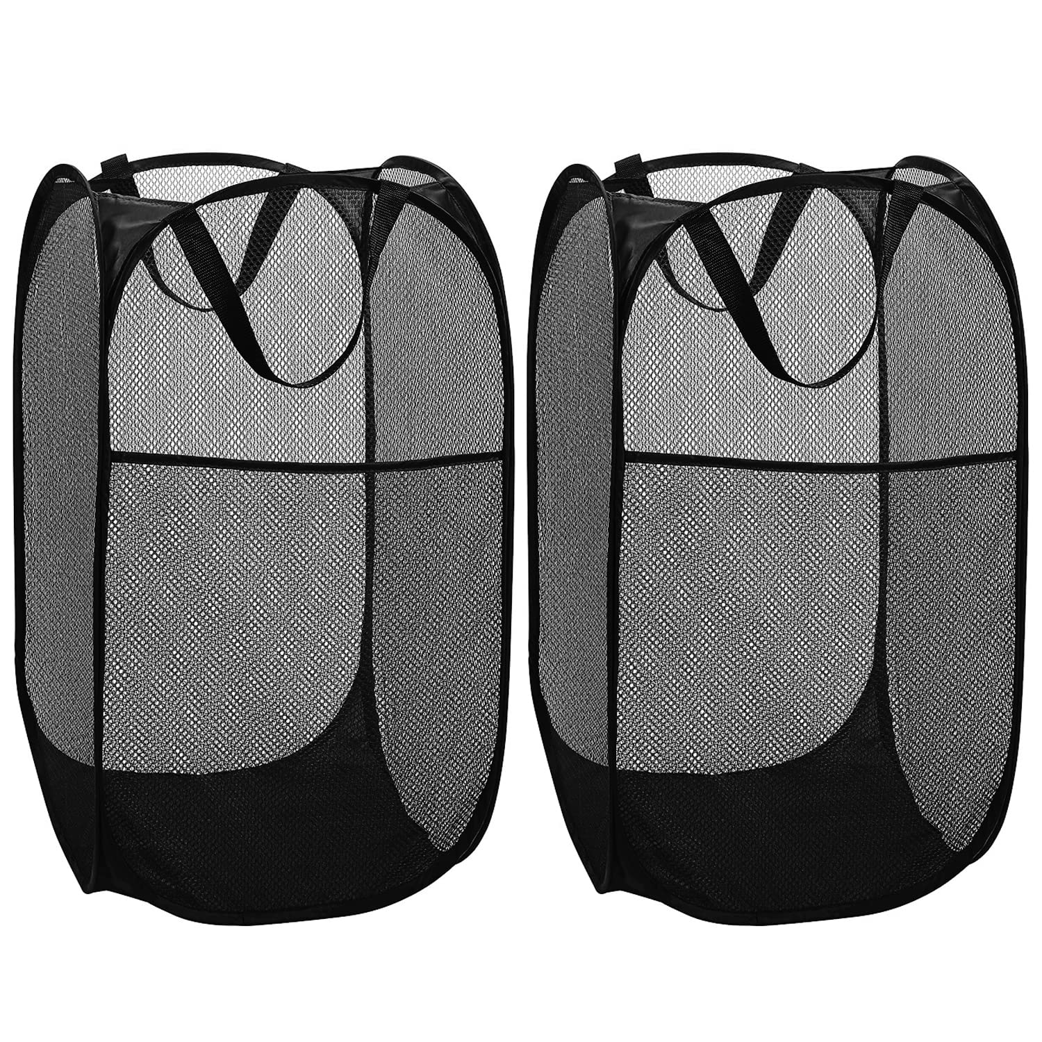 BATTOO Deluxe Strong Mesh Pop up Laundry Hamper Basket with Side Pocket Foldable Hamper for Laundry Room, Bathroom, Kids Room, College Dorm or Travel Black + Black