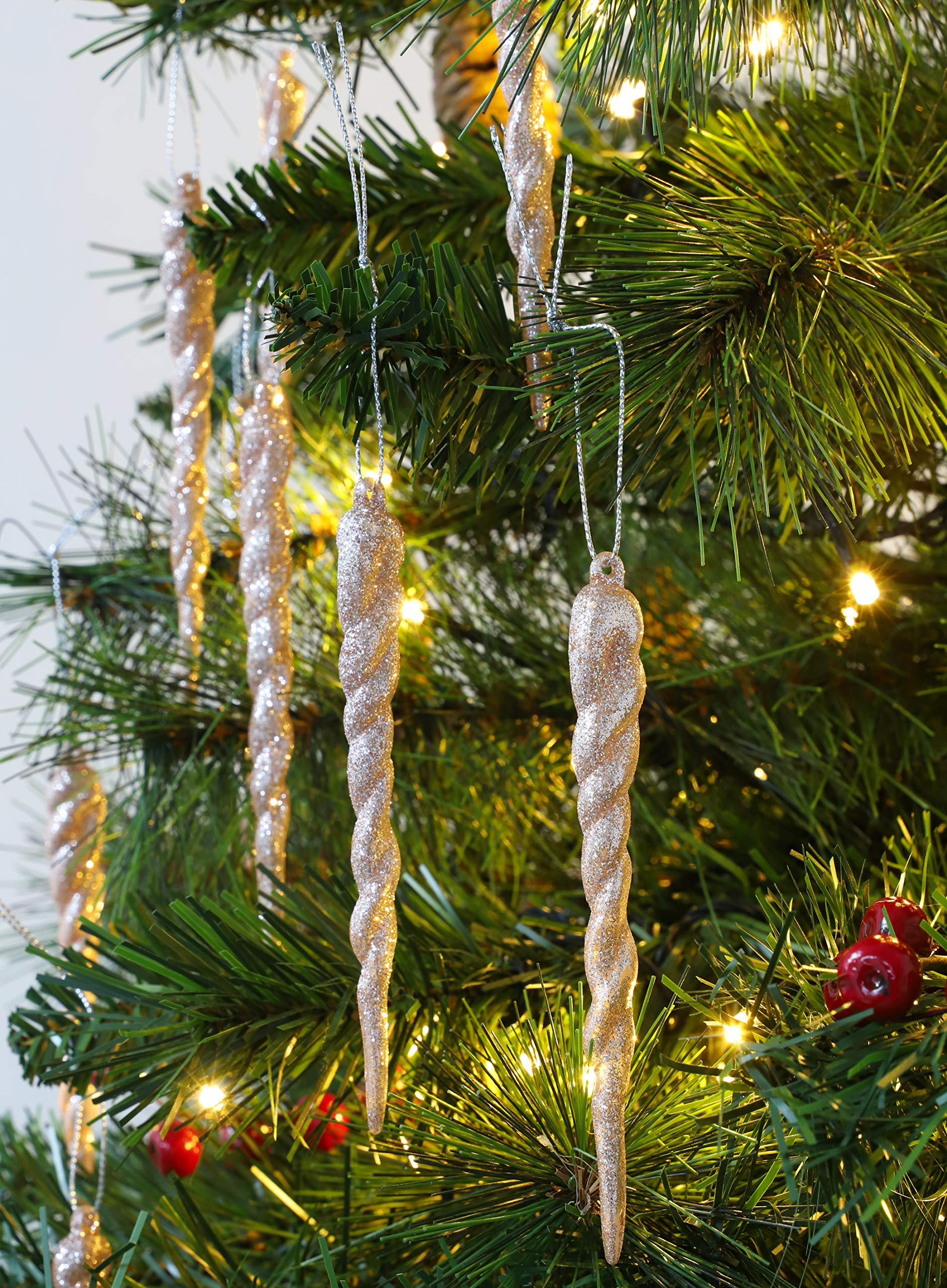 Lot De 10 Décorations Noël Stalactites Torsadées Dorées Pailletées 12 Cm - Ornements Brillants Pour Sapin, Couronnes, Cadeaux - 2