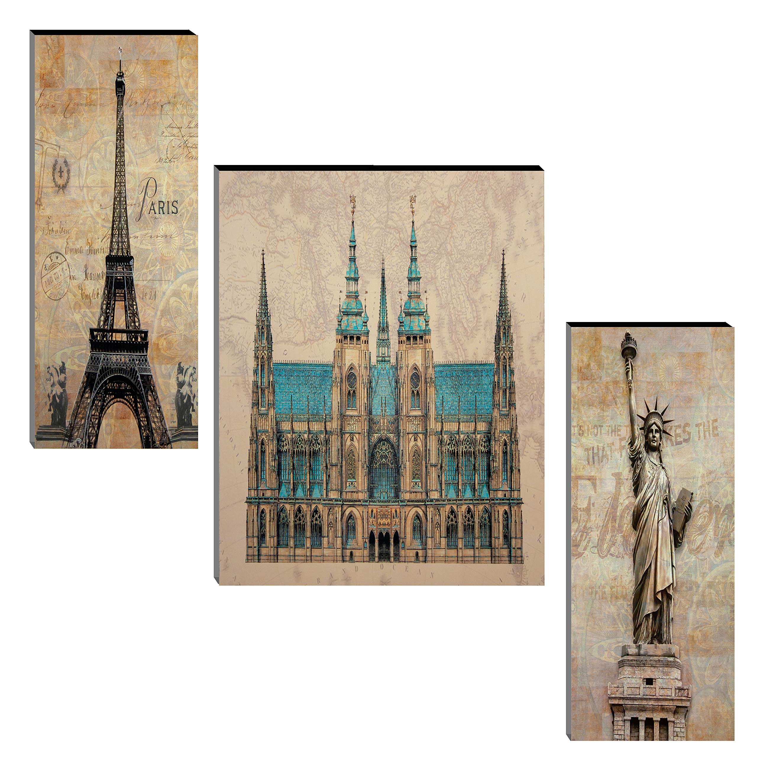 IndianaraSet of 3 Eiffel Tower, Cathedral, Statue of Liberty MDF Art Painting (3552 FL) without glass 4.5 X 12, 9 X 12, 4.5 X 12 INCH