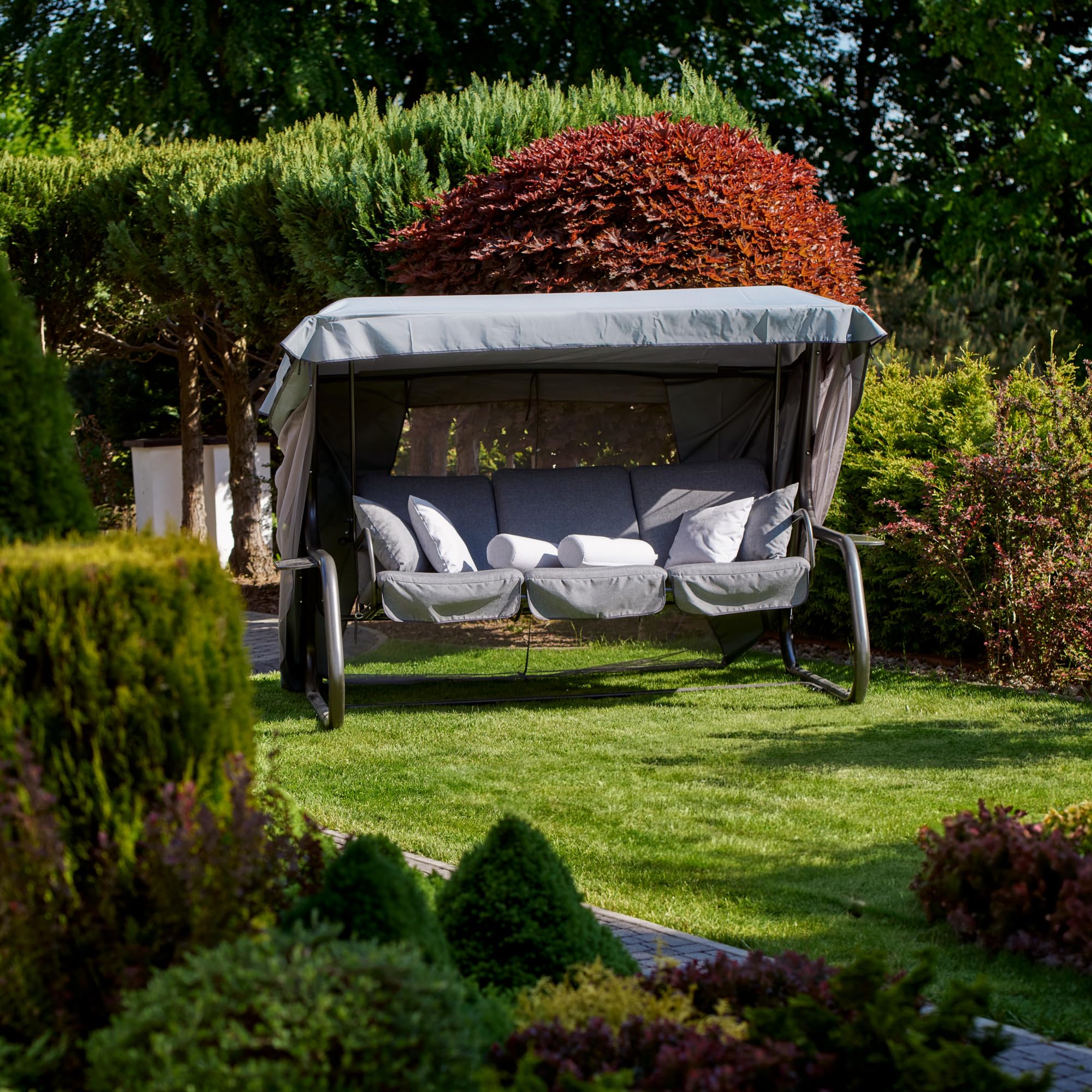 PATIO Hollywoodschaukel 4 Sitzer mit Liegefunktion 179 cm Venezia Lux Sitzpolster grau Sonnendach Moskitonetz Seitentische Dekokissen