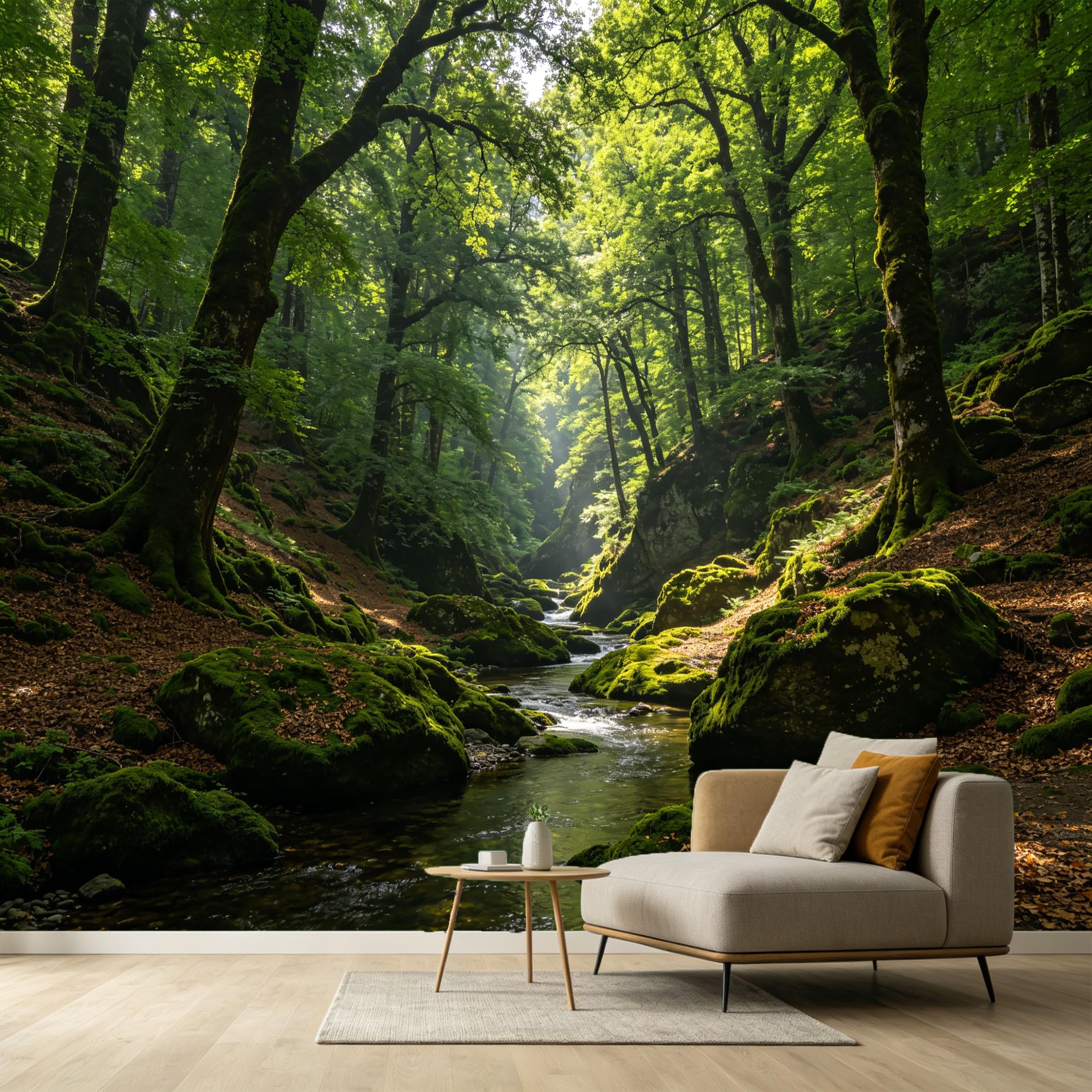 Custom Size Wall Murals Forest Stream Landscape Mossy Rocks Sunlight Canopy SelfAdhesive Wall Fabric Removable Large Wallpaper for Photo Living Room Decor Background