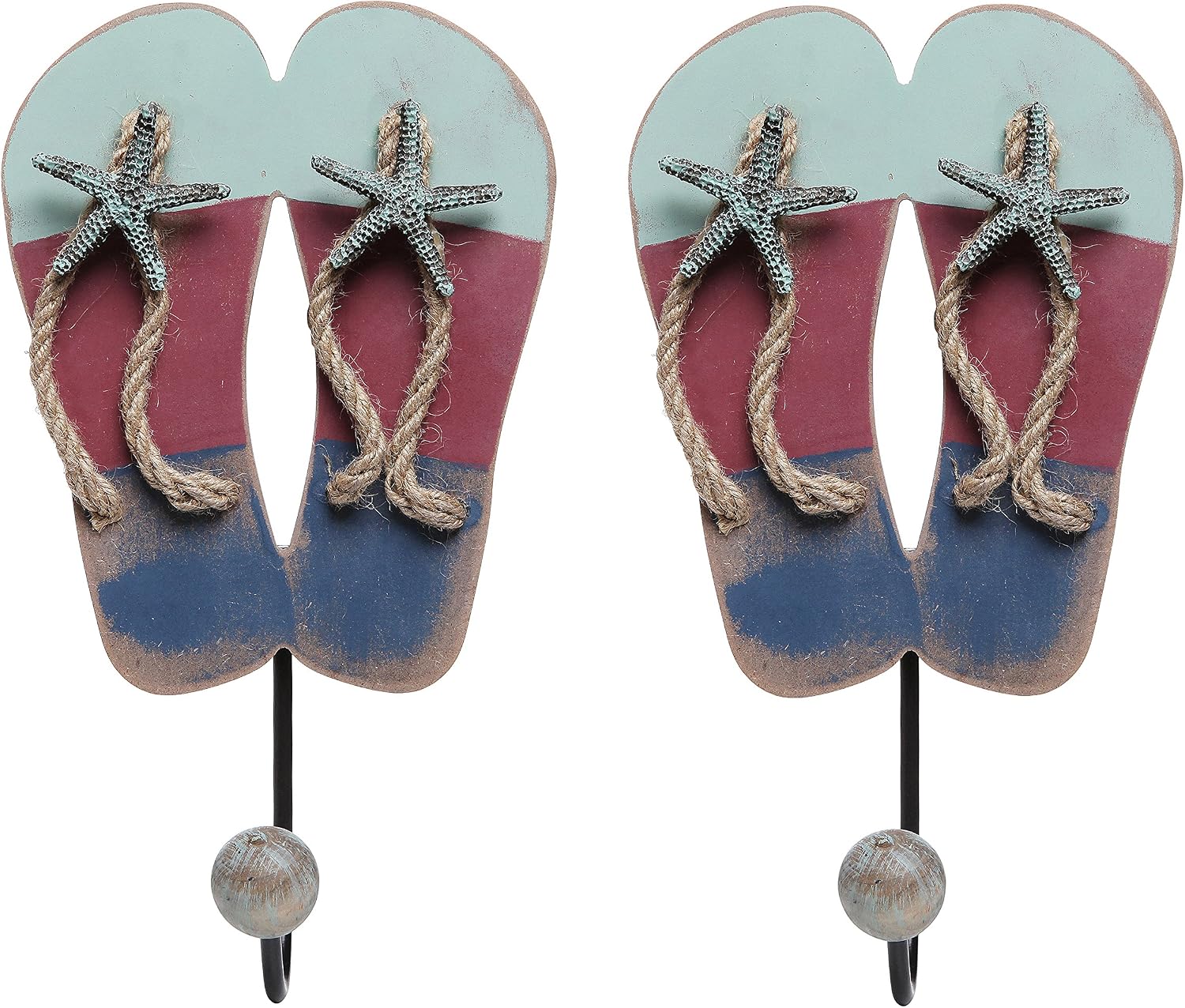 MyGift Nautical-Theme Flip Flop Sandal Entryway Wall-Hanging Single Ball Capped Storage Hook Coat, Coastal Starfish Bathroom Towel Rack Hangers, Set of 2