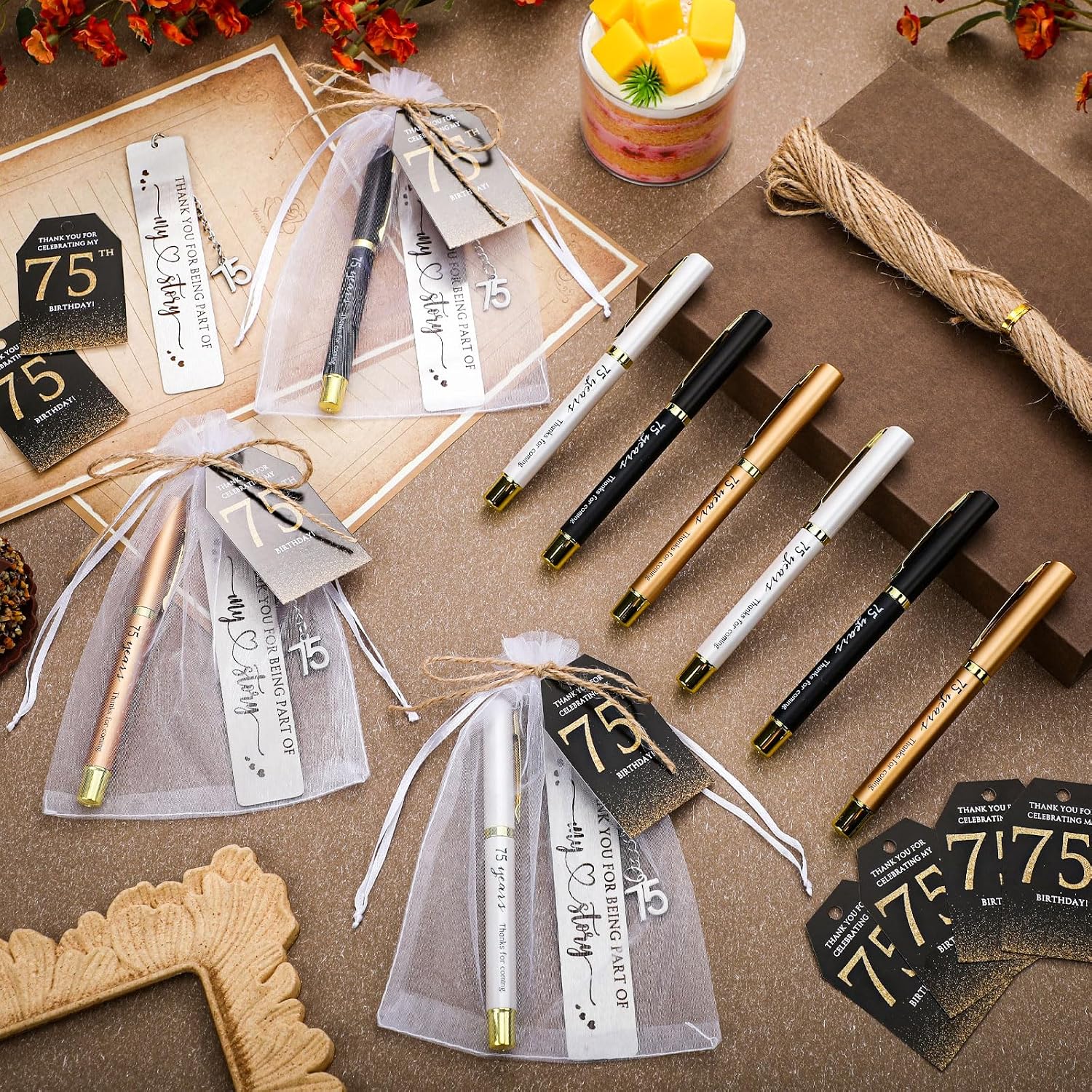 Sinload 25 Sets Birthday Favors for Guests 25 Thanks for Coming Ballpoint Pens 25 Bookmarks 25 Cards with Organza Bag for Adult Birthday Anniversary Party Souvenir(Metal-75th)
