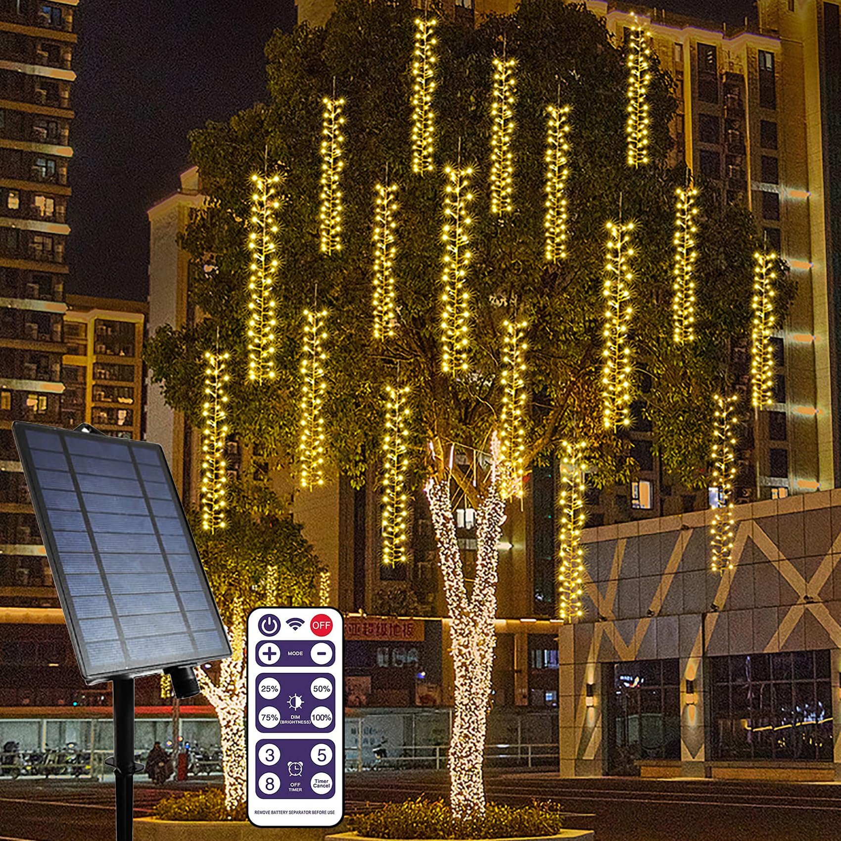 Solar LED Cluster Lichterkette 1.5M 360 LED Lichterkette Außen 3 Stränge Büschellichterkette Wasserdichte Meteorschauer Lichterkette für Weihnachtsbaum Party Garten (Warmes Weiß)