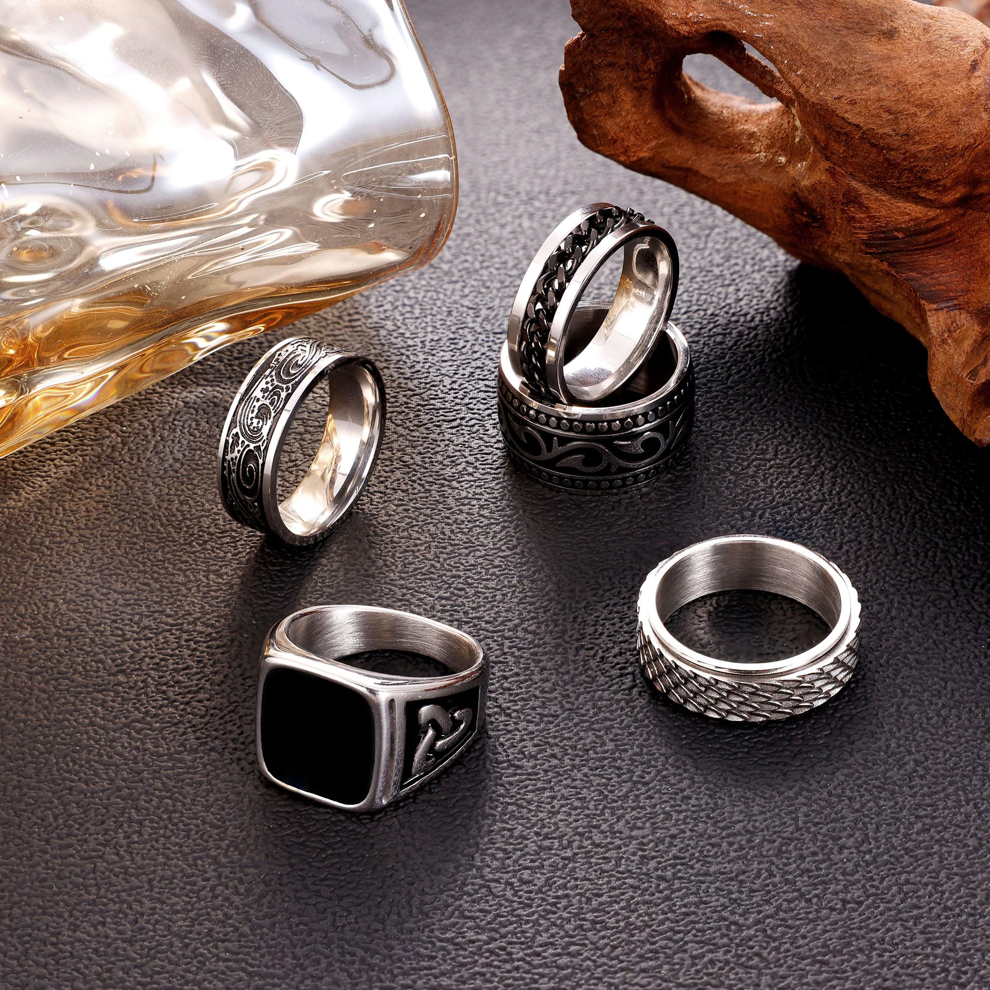 5 anillos de acero inoxidable para hombre, anillos de sello vintage, anillos anchos retro tallados celtas, anillos de plata de alto pulido, anillos giratorios punk, tallas 7-13, Acero 2