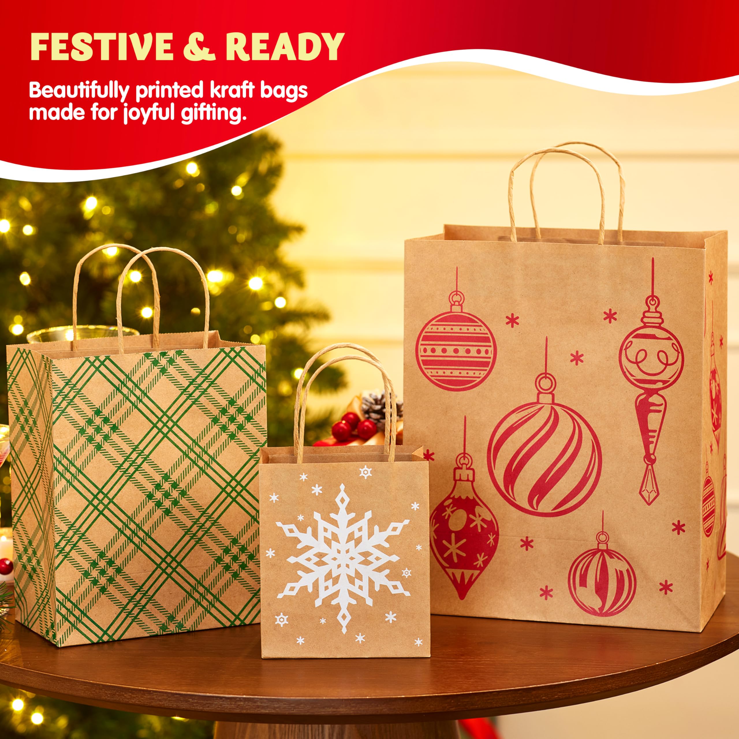 JOYIN Lot de 24 sacs cadeaux de Noël en papier kraft de tailles assorties, sacs d'emballage réutilisables avec poignées pour fête, anniversaire, festival, salle de classe, friandises, bonbons et