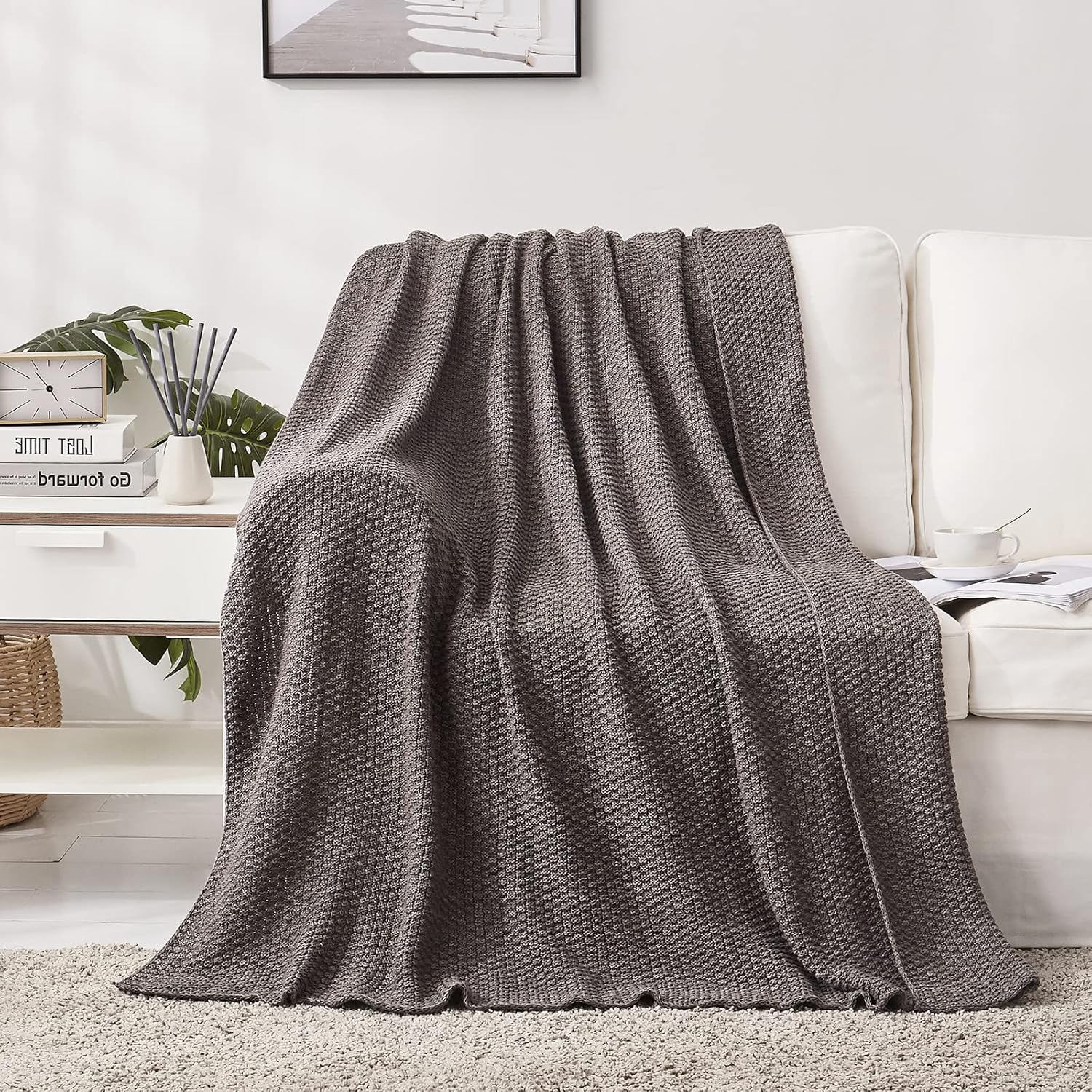 Longhui bedding Grey Knitted Throw Blanket for Couch, Soft, Cozy Machine Washable 100% Cotton Sofa Cable Knit Blankets, 4.0lb Weight, 60 x 80 Inches Oversized, Grey White Color - Image 3