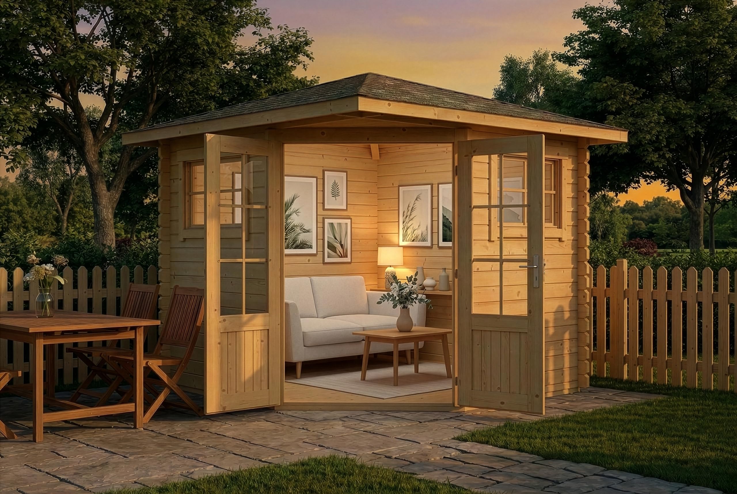 Alpholz 5-Eck Gartenhaus Sunny-B 269x269cm Naturbelassen 28mm Wandstärke