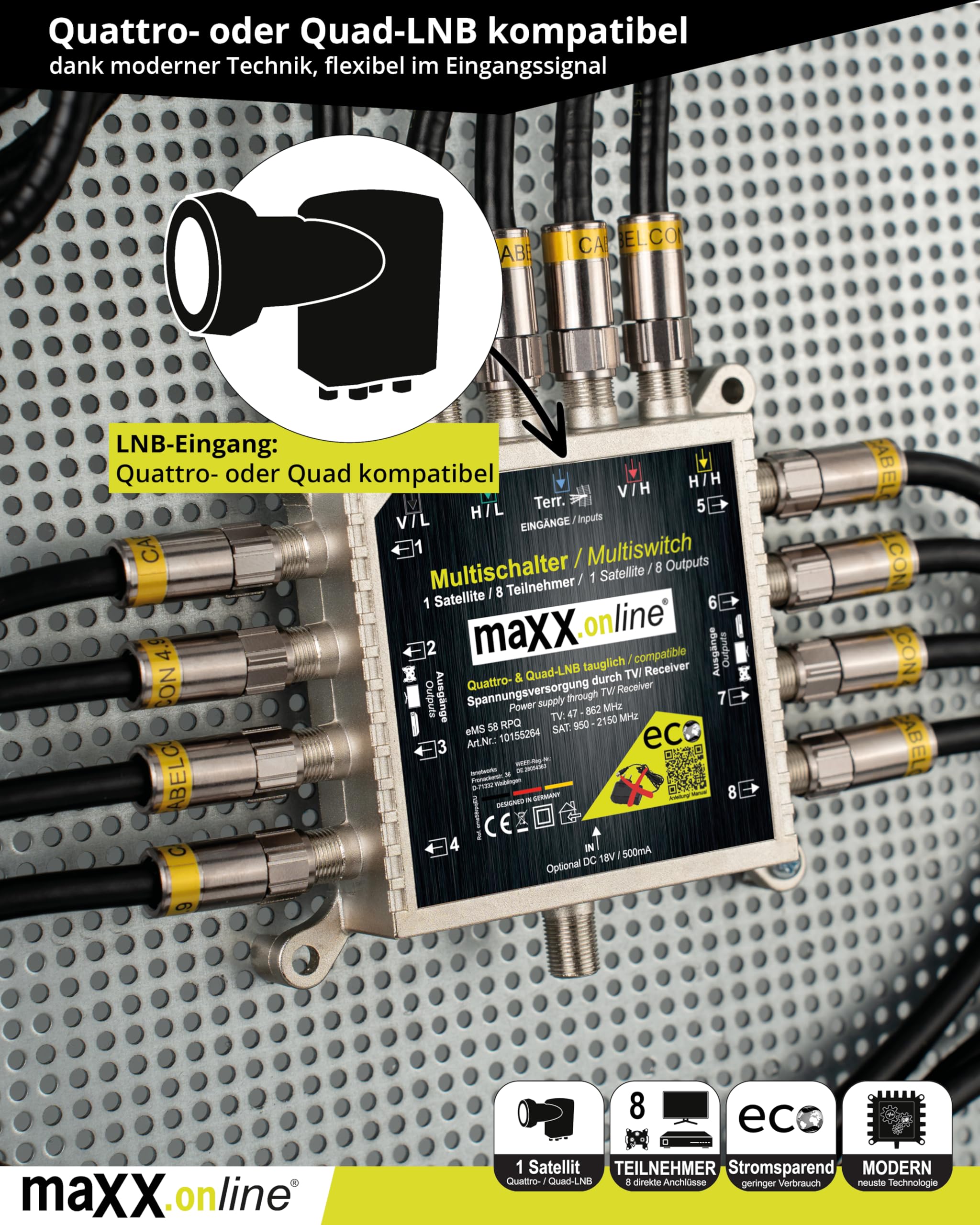 Multiconmutador 8 participantes, 1 satélite, apto para Quad y Quattro LNB, no necesita fuente de alimentación, multiconmutador satélite, multiconmutador múltiple