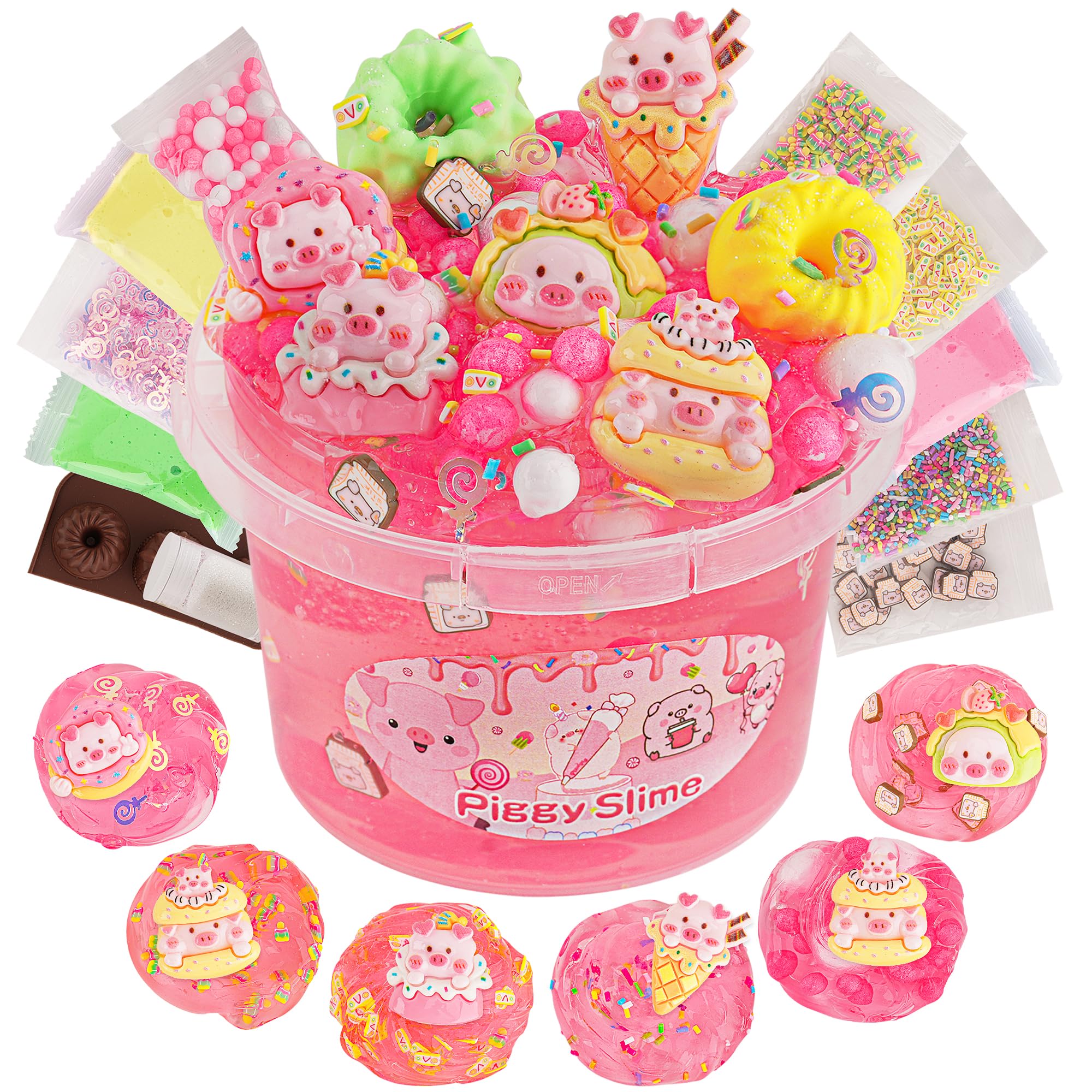 LAWOHO Piggy Clear Slime 300ml, Red Kit for Girls Ages 8-12 With 11 Packs Add-Ins, Kids Party Favors, Non-Stick Clear for Kids Birthday Halloween Christmas Easter Gifts