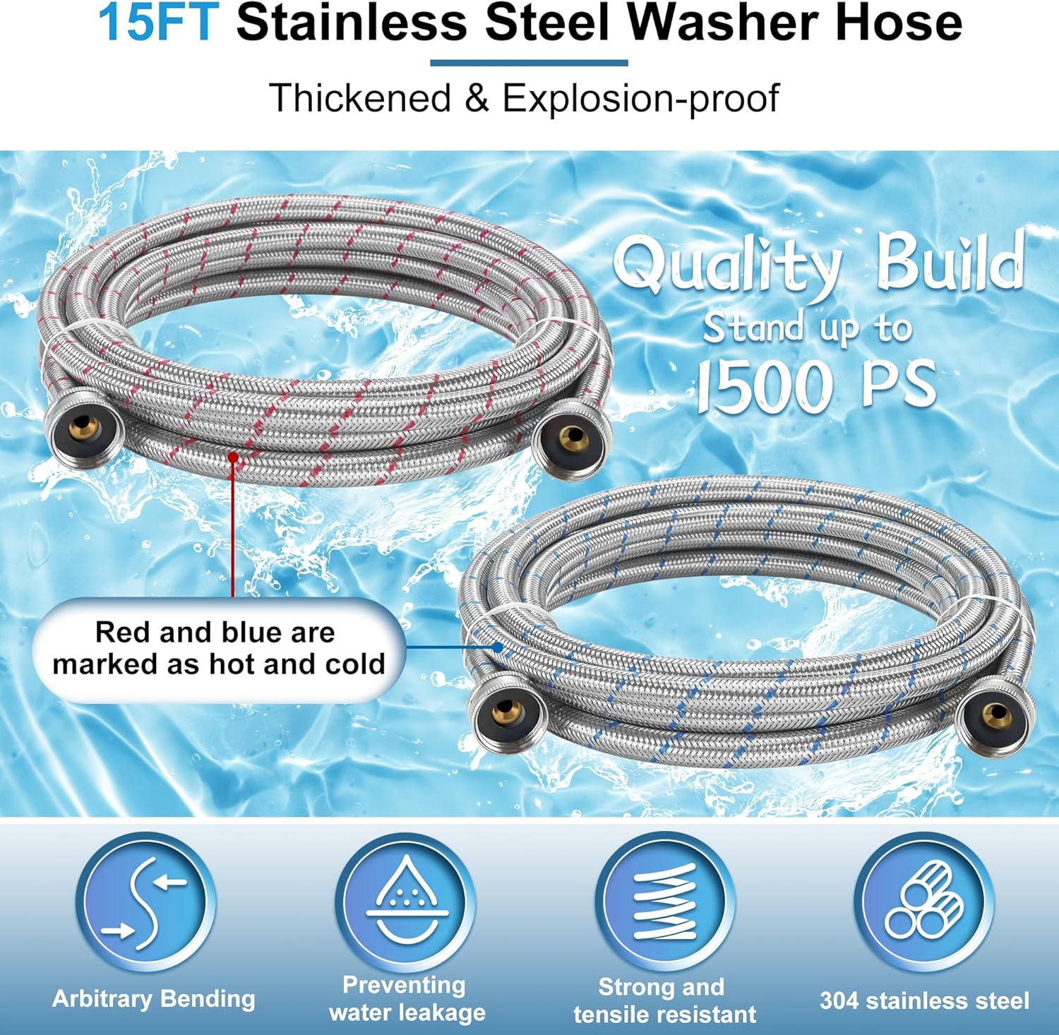 15FT Extra Long Washing Machine Hoses by Fetechmate 3/4'' Standard NPT Connections Burst-proof No-leak Washer Hoses Hot and Cold Stainless Steel Washer Hose 2 Packs