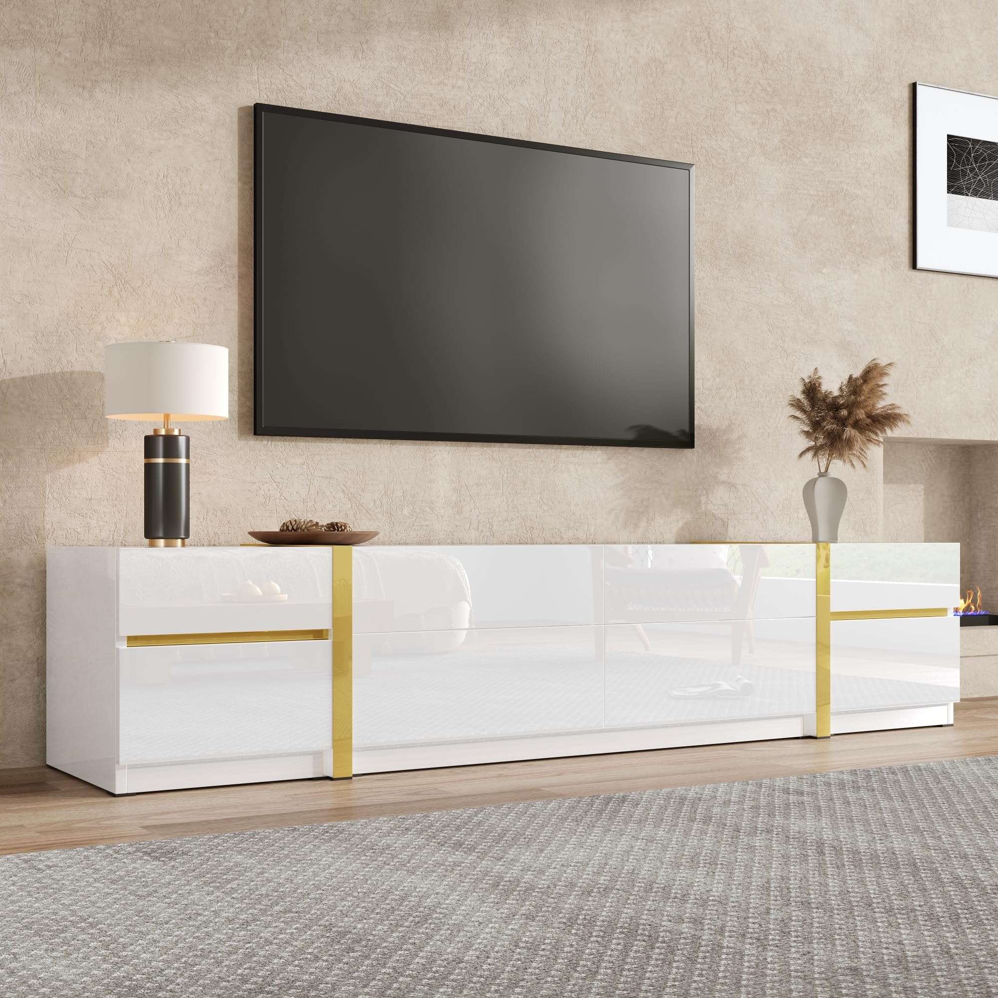 Meuble bas blanc brillant avec accents dorés - Meuble TV bas avec 4 tiroirs et 2 portes - Meuble TV pour grands téléviseurs - Buffet TV moderne pour salon - 180 cm