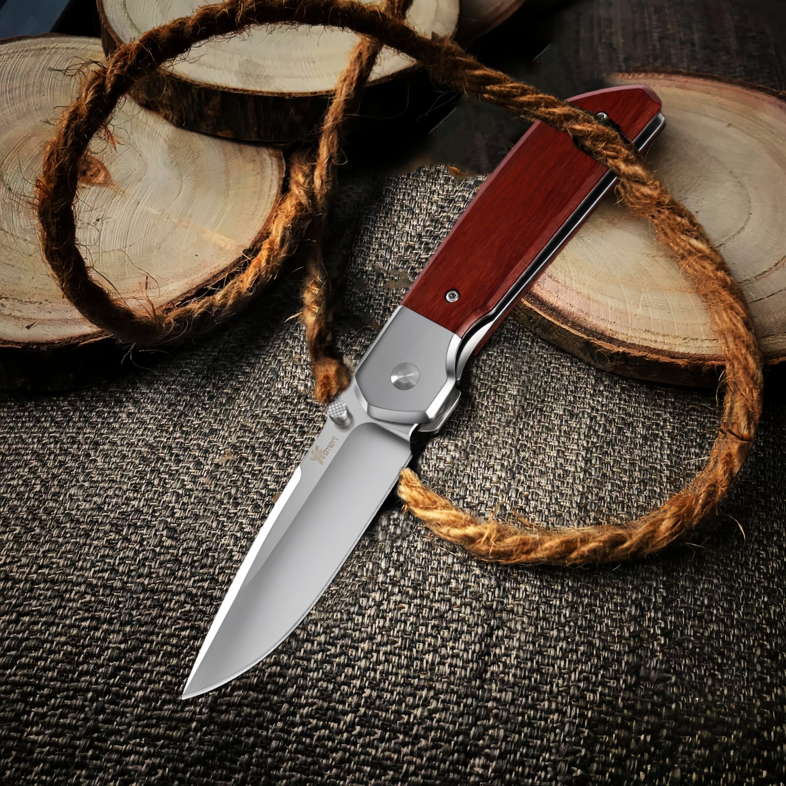 Front-Flipper-Klappmesser, Herrenmesser, D2-Klinge mit hochwertigem Holzgriff und tiefem Taschenclip, Camping-Jagd-Taschenmesser, EDC-Messer-Gentlemen-Folder mit (Groß)