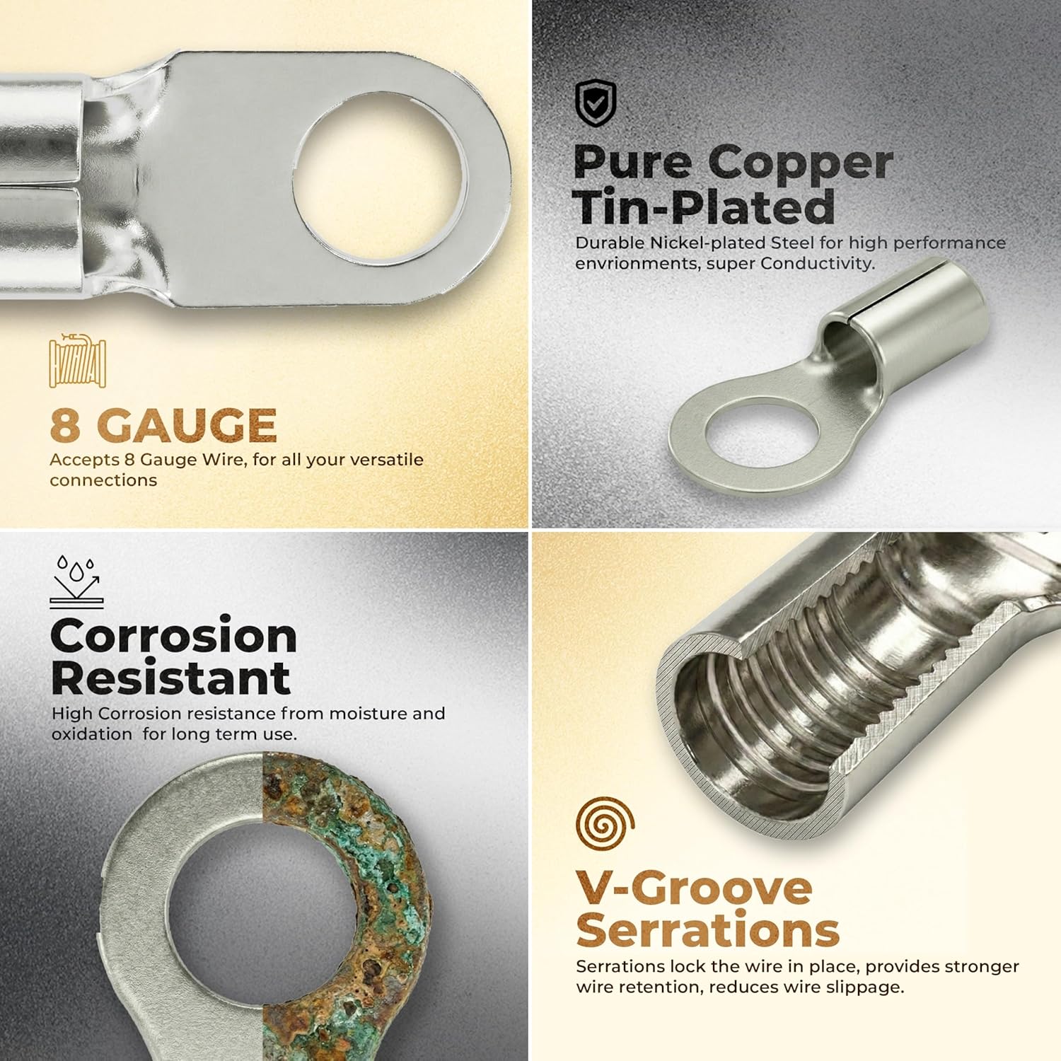 Sherco-Auto 100 Pack - High Temp Non-Insulated Ring Connector - 8 Gauge #10 Stud - 600 Volts Rated Nickel-Plated Steel & V-Grooves Serrations for Strong Crimps & Corrosion Resistance - Made in USA