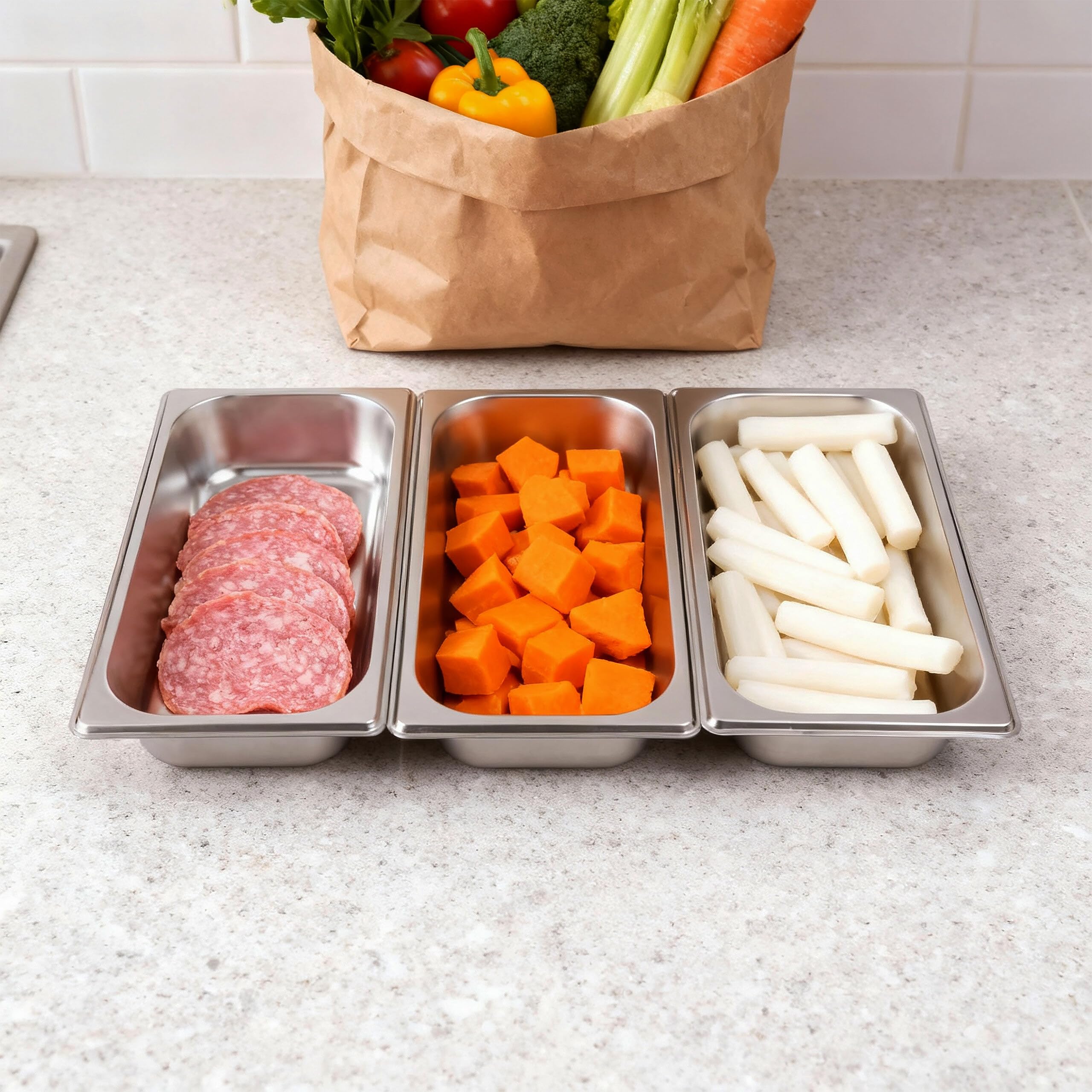 Relaxdays Set 3 contenitori Gastronorm GN 1/3 in Acciaio Inox con Coperchio, 6,5x32,5x17,6 cm, Argento